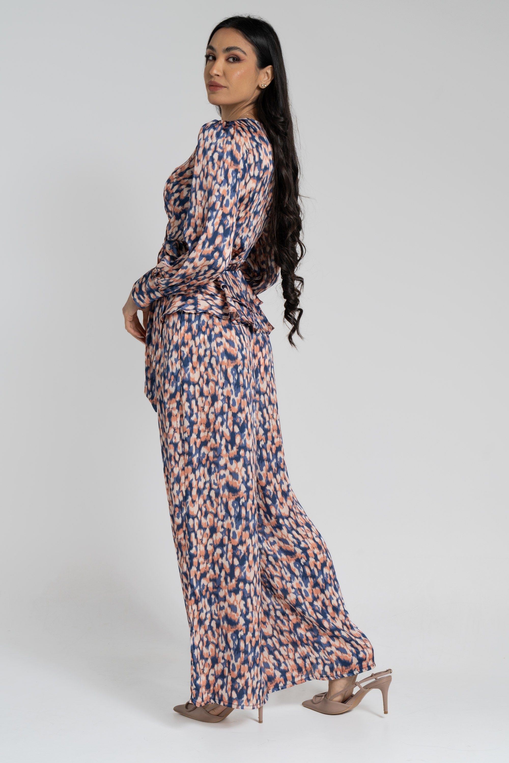 نتشي بنطلون طويل منقوش واسع خصر مرتفع نسائي