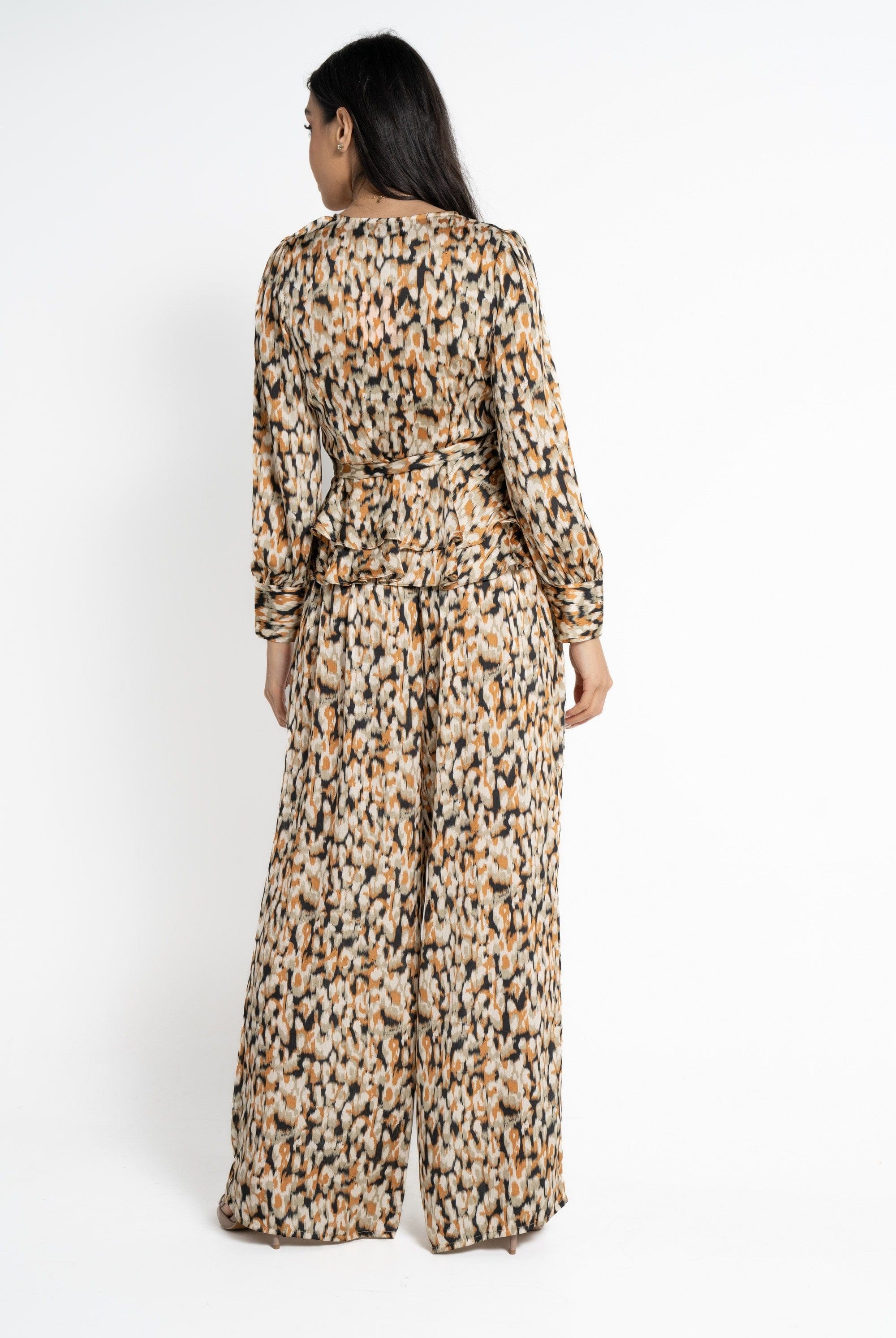 نتشي بنطلون طويل منقوش واسع خصر مرتفع نسائي