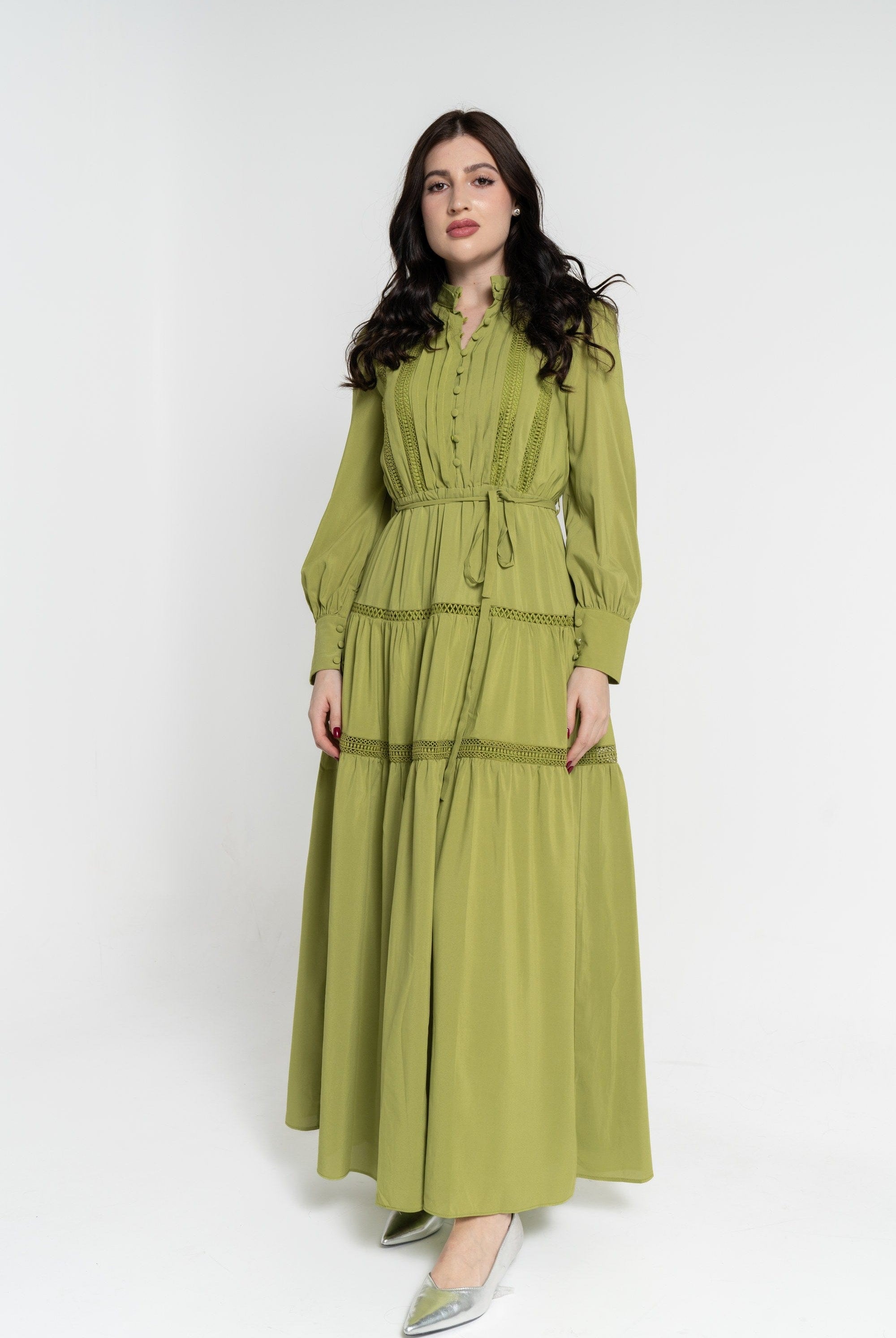 نتشي فستان ماكسي بأكمام طويلة بأزرار أمامية بربطة خصر نسائي