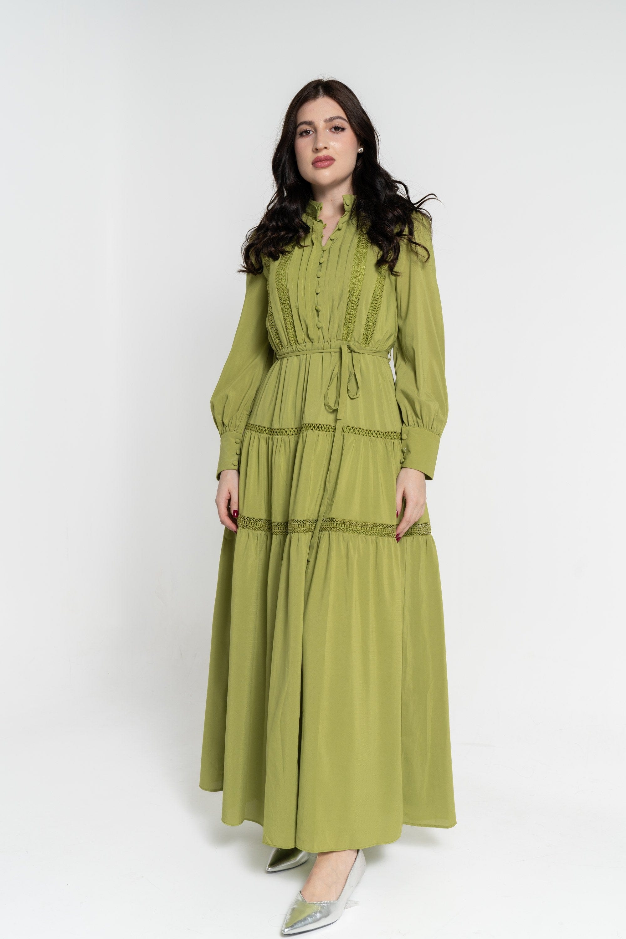 نتشي فستان ماكسي بأكمام طويلة بأزرار أمامية بربطة خصر نسائي