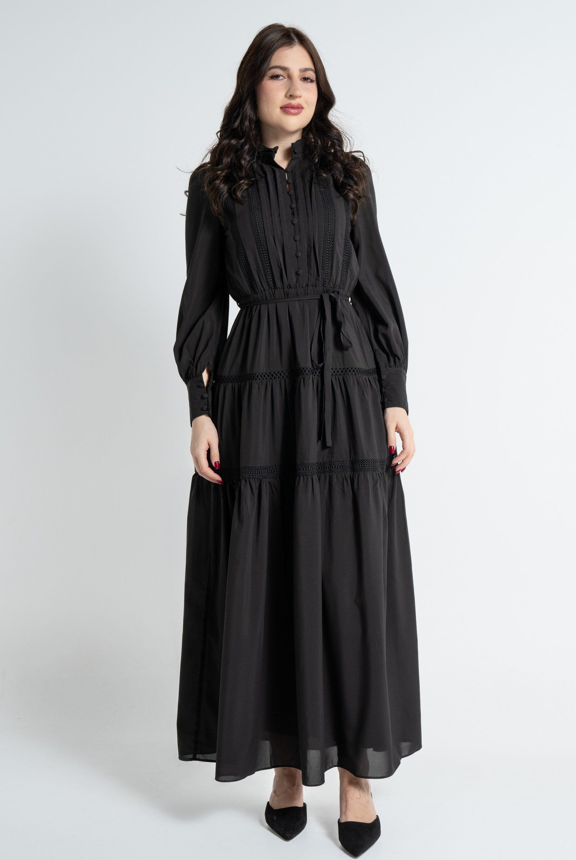 نتشي فستان ماكسي بأكمام طويلة بأزرار أمامية بربطة خصر نسائي