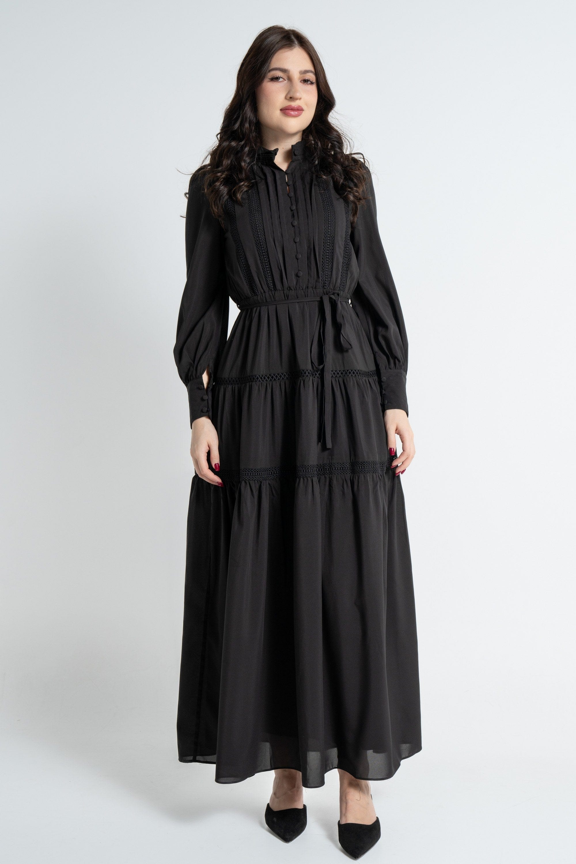 نتشي فستان ماكسي بأكمام طويلة بأزرار أمامية بربطة خصر نسائي