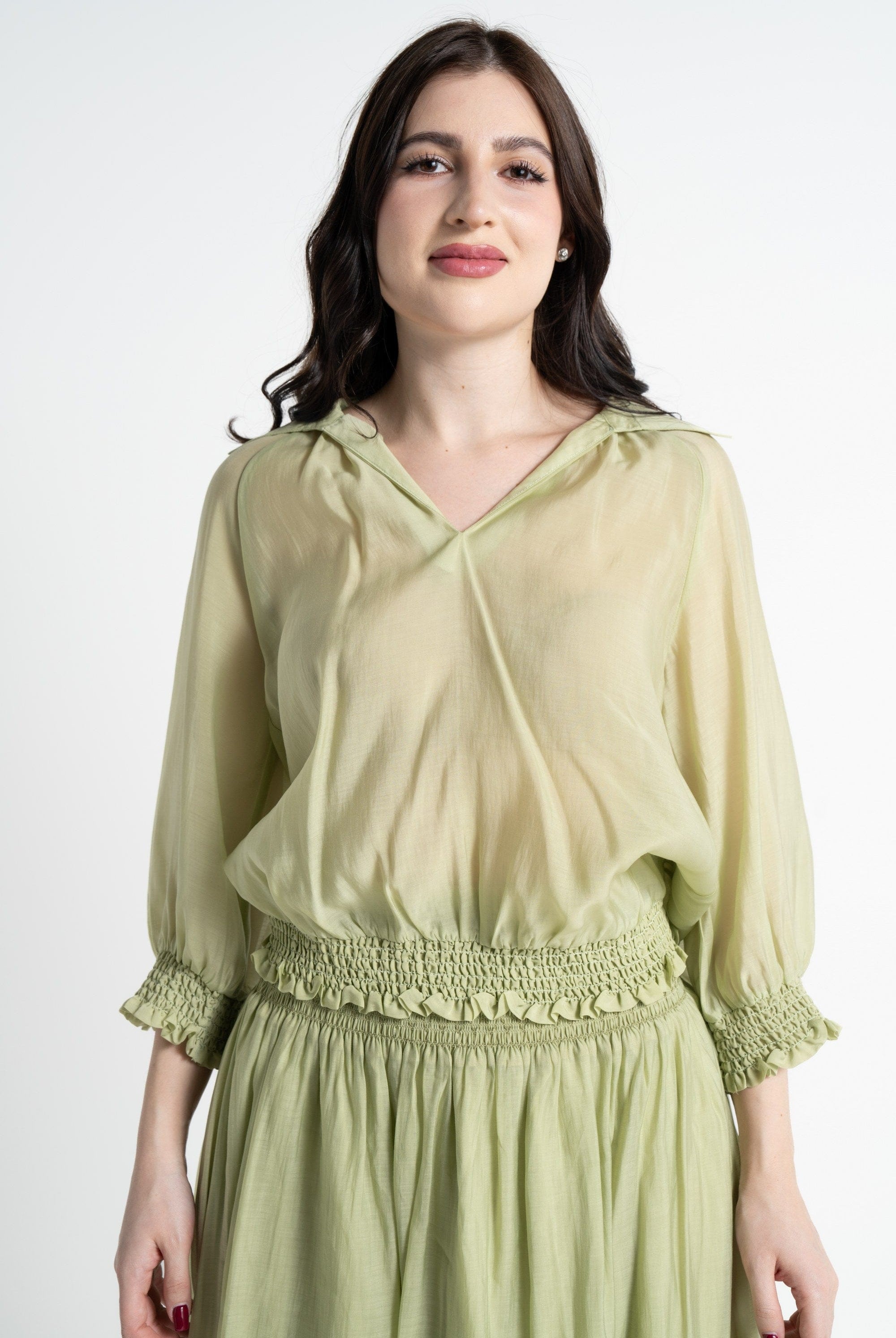 نتشي بلوزة بأكمام 3/4 شيفون مكشكش نسائي