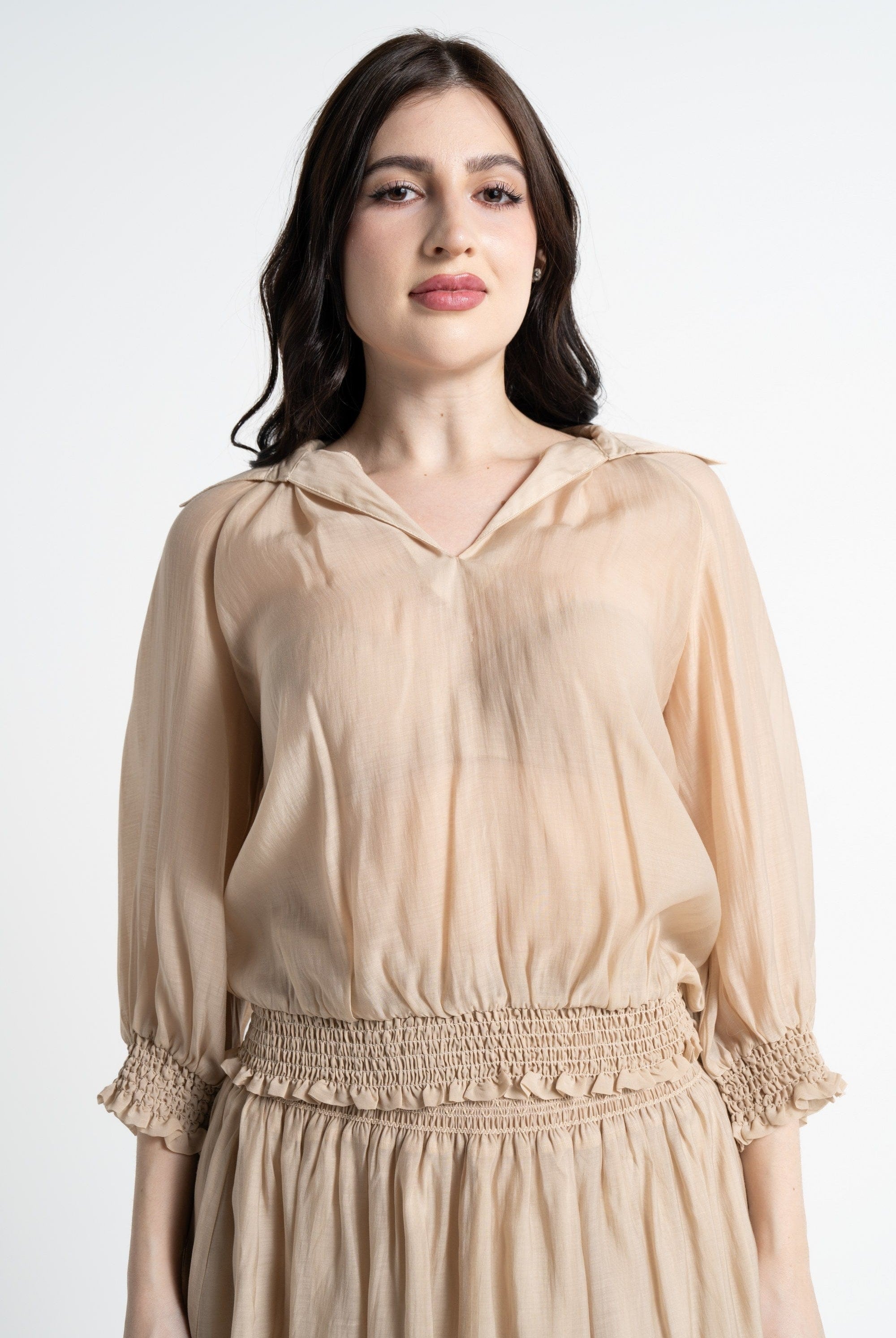 نتشي بلوزة بأكمام 3/4 شيفون مكشكش نسائي