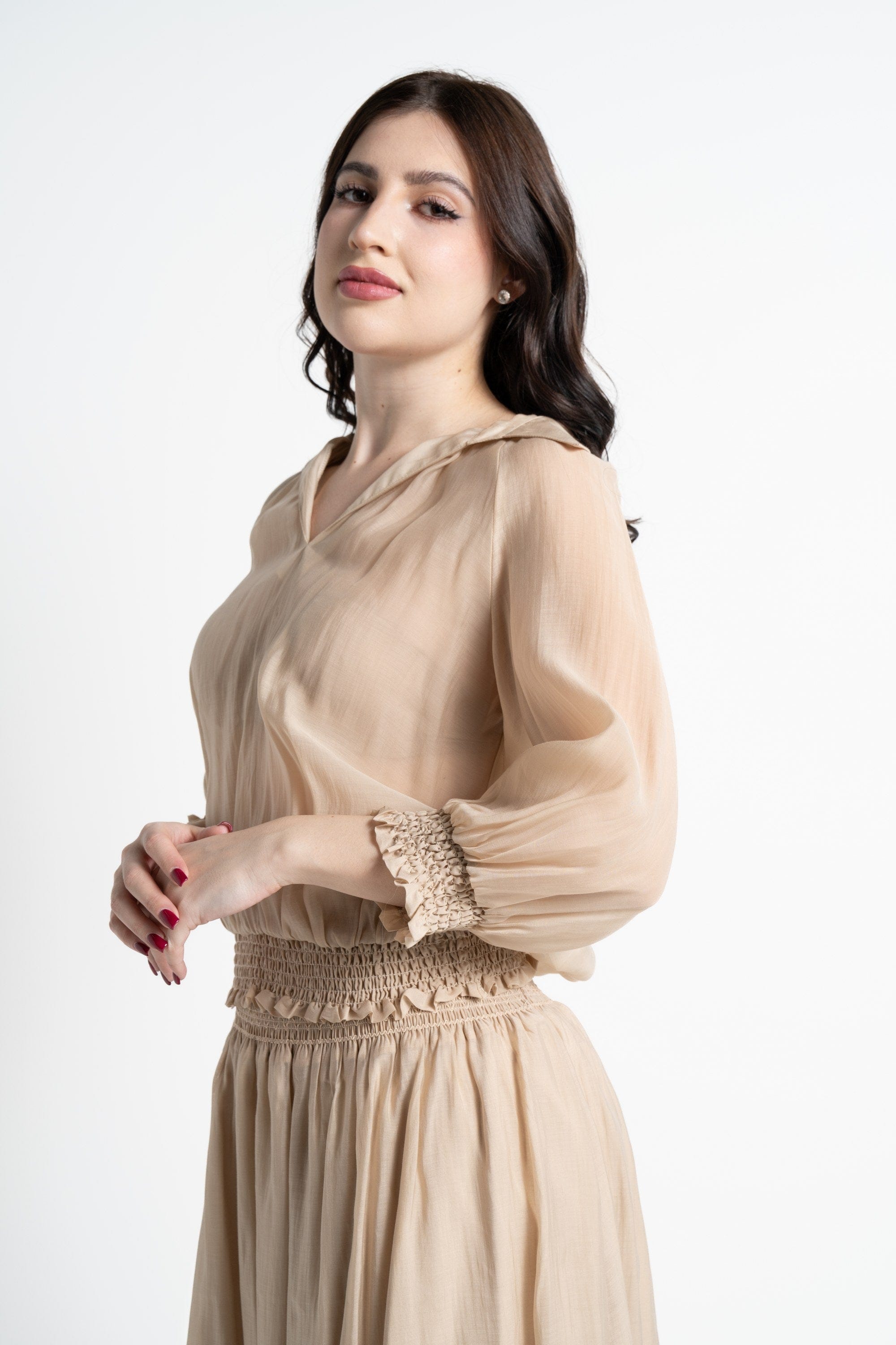 نتشي بلوزة بأكمام 3/4 شيفون مكشكش نسائي