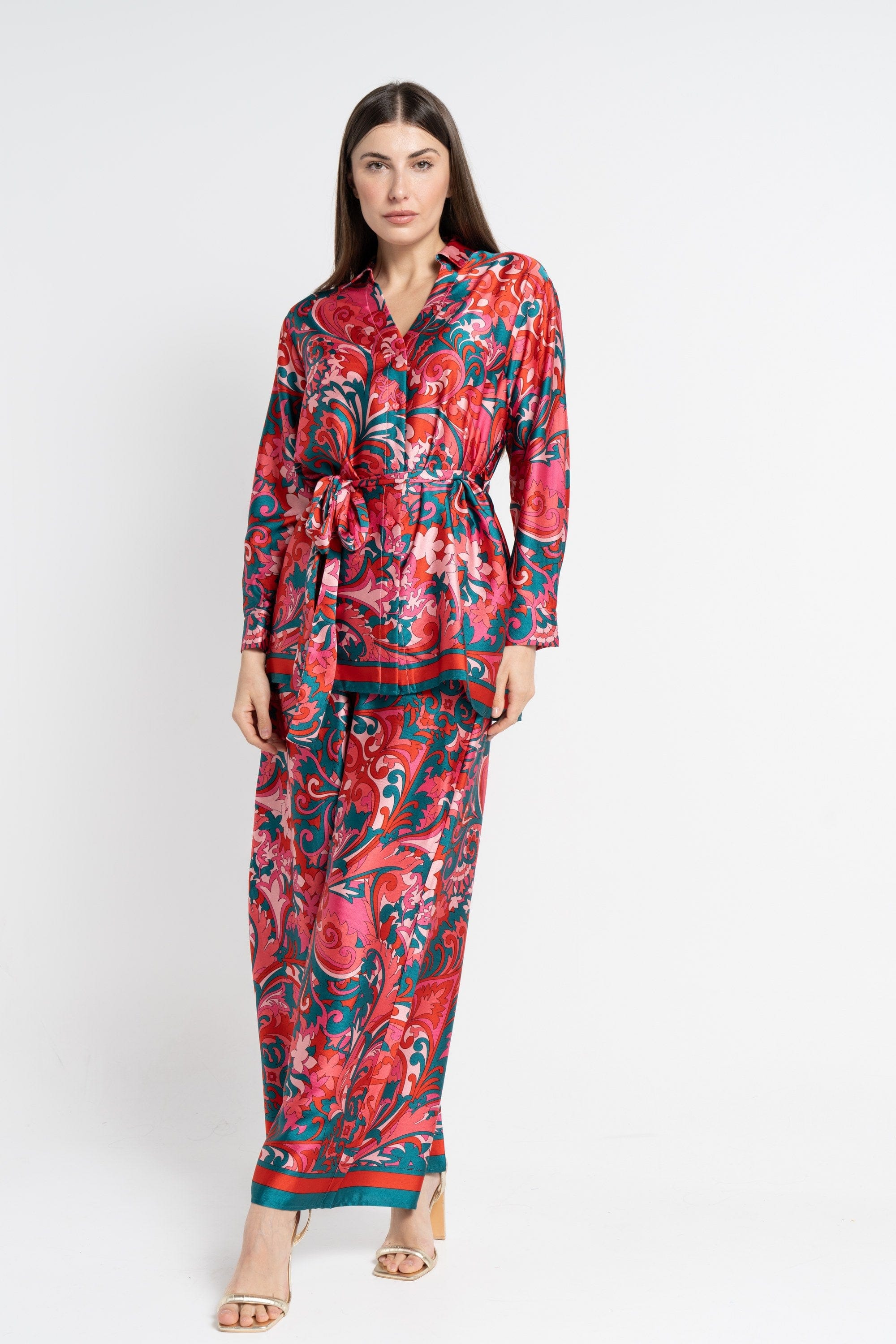 نتشي بنطلون طويل منقوش خصر مطاطي نسائي أزرق مخضر