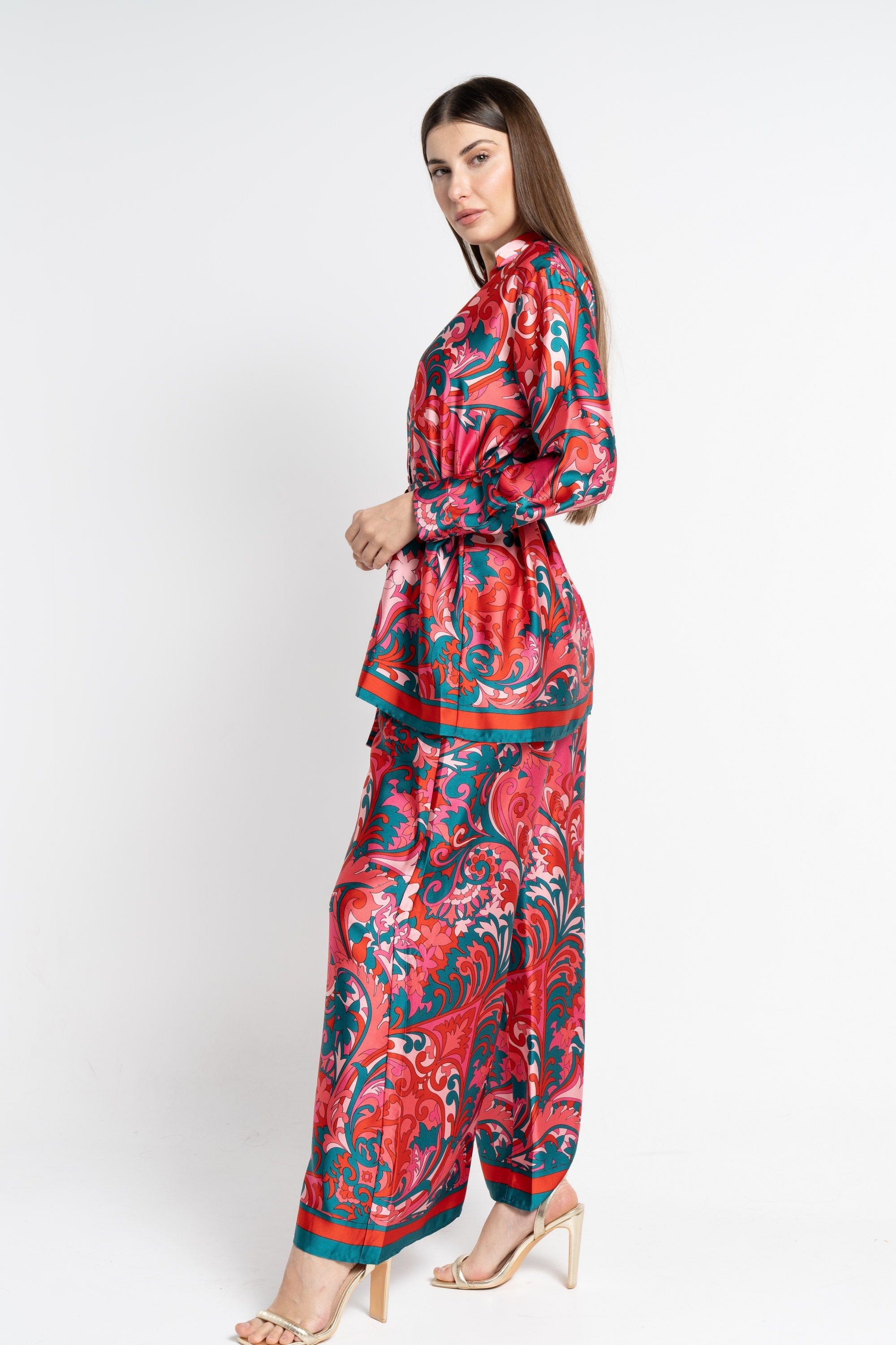 نتشي بنطلون طويل منقوش خصر مطاطي نسائي أزرق مخضر