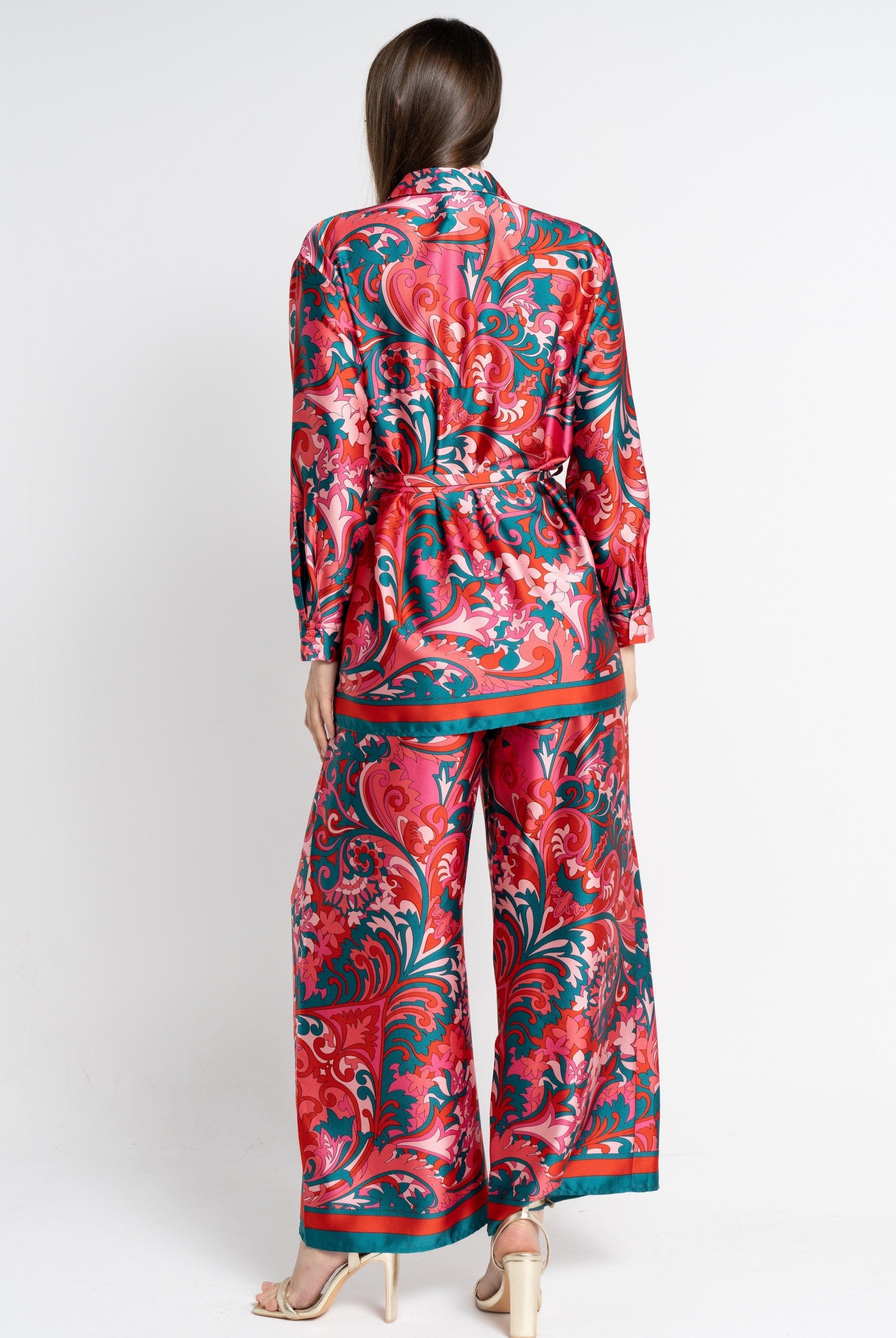 نتشي بنطلون طويل منقوش خصر مطاطي نسائي أزرق مخضر