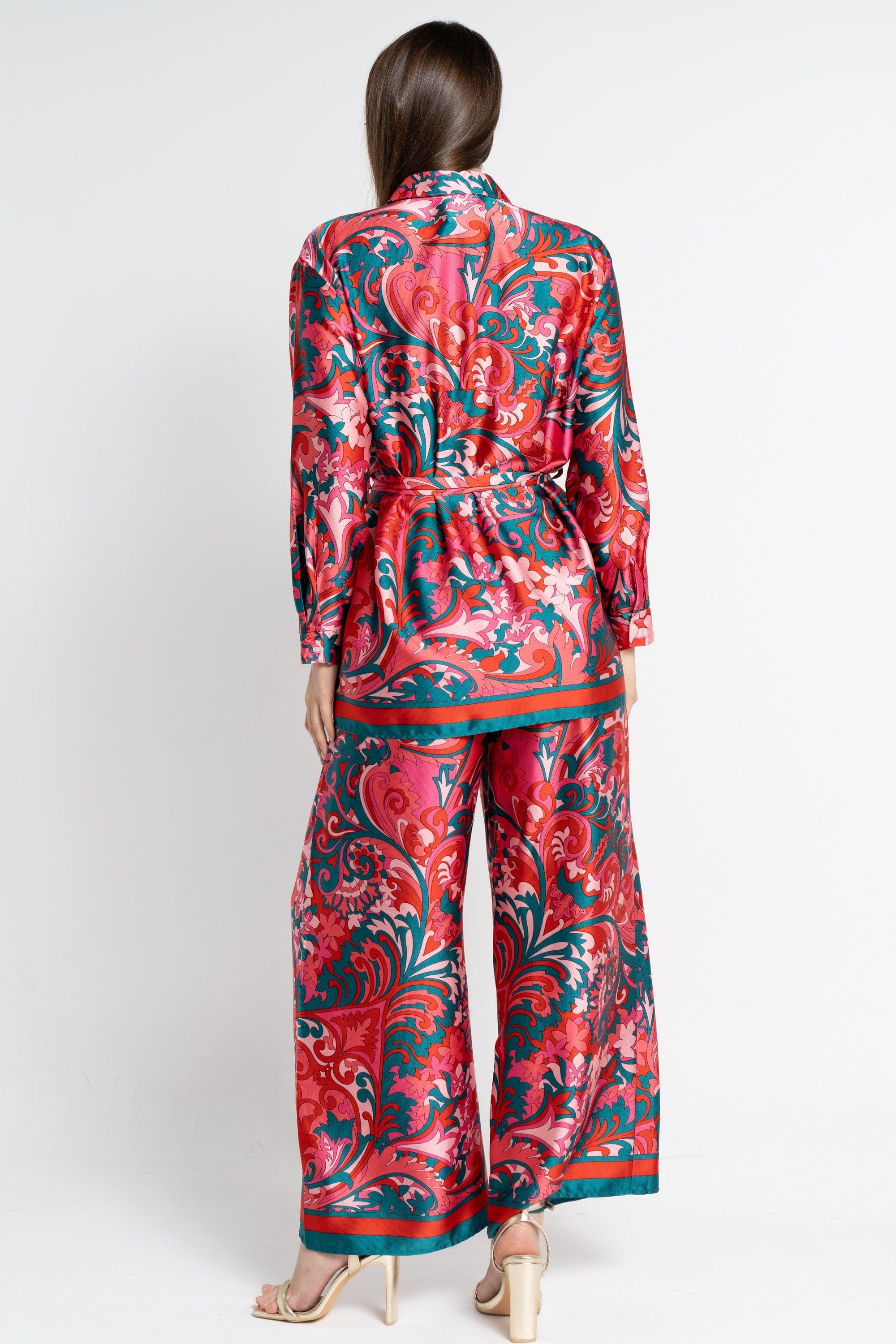 نتشي بنطلون طويل منقوش خصر مطاطي نسائي أزرق مخضر