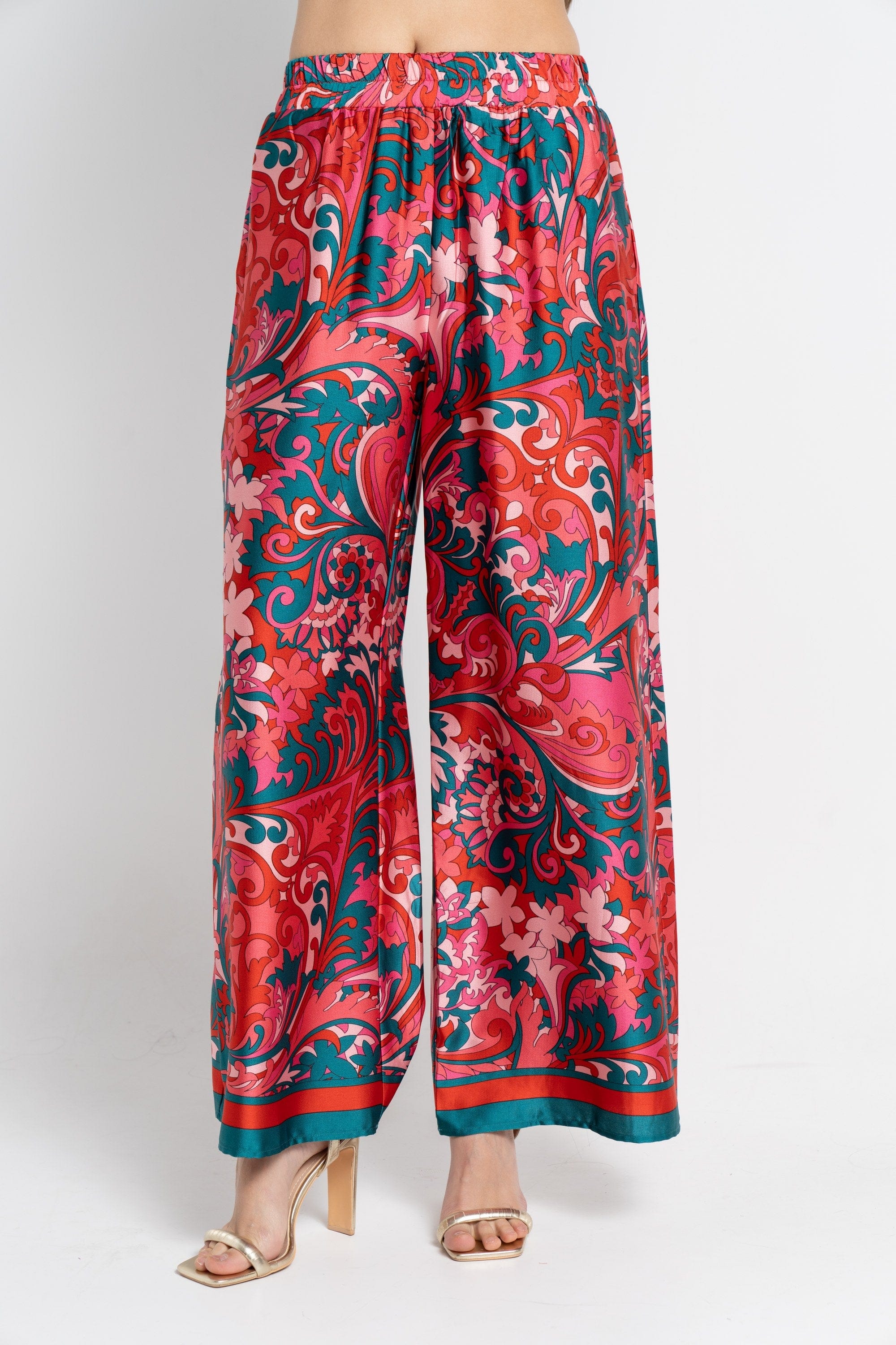 نتشي بنطلون طويل منقوش خصر مطاطي نسائي أزرق مخضر