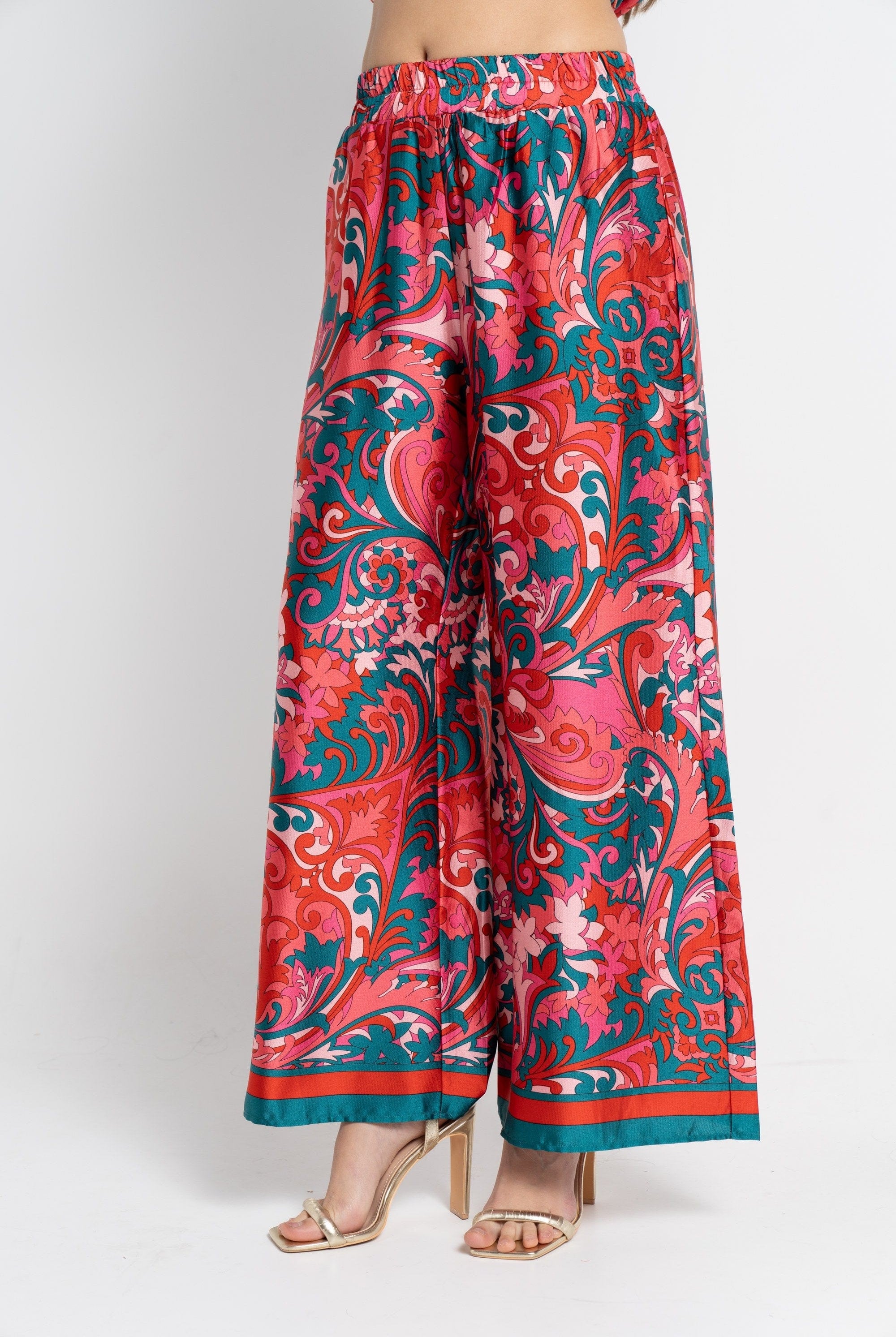 نتشي بنطلون طويل منقوش خصر مطاطي نسائي أزرق مخضر