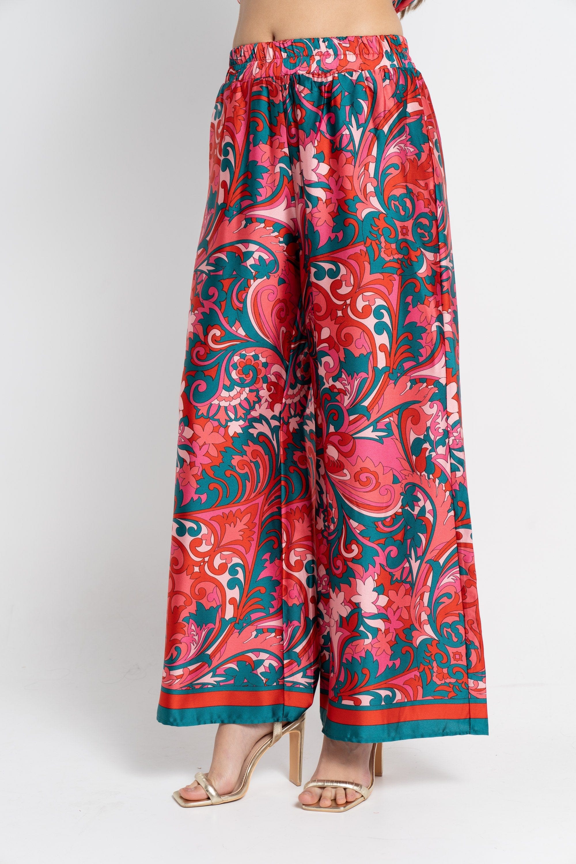 نتشي بنطلون طويل منقوش خصر مطاطي نسائي أزرق مخضر