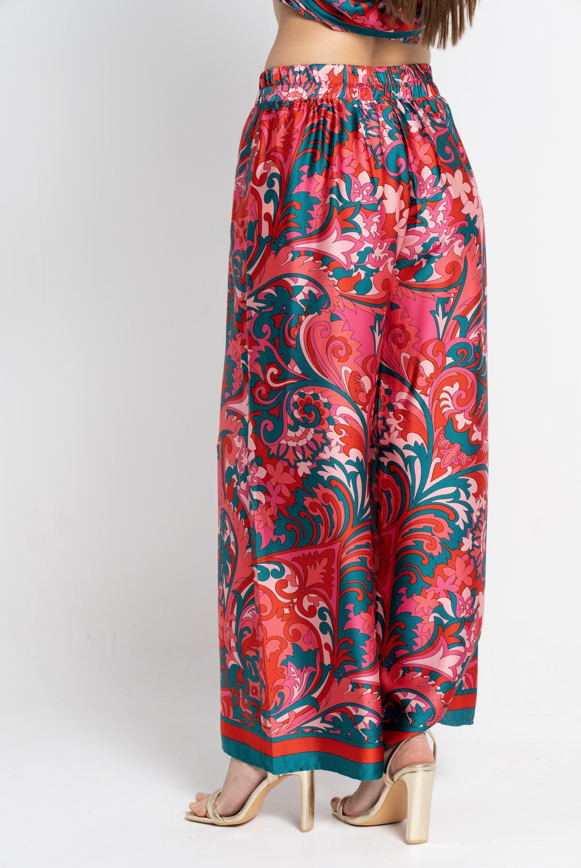 نتشي بنطلون طويل منقوش خصر مطاطي نسائي أزرق مخضر