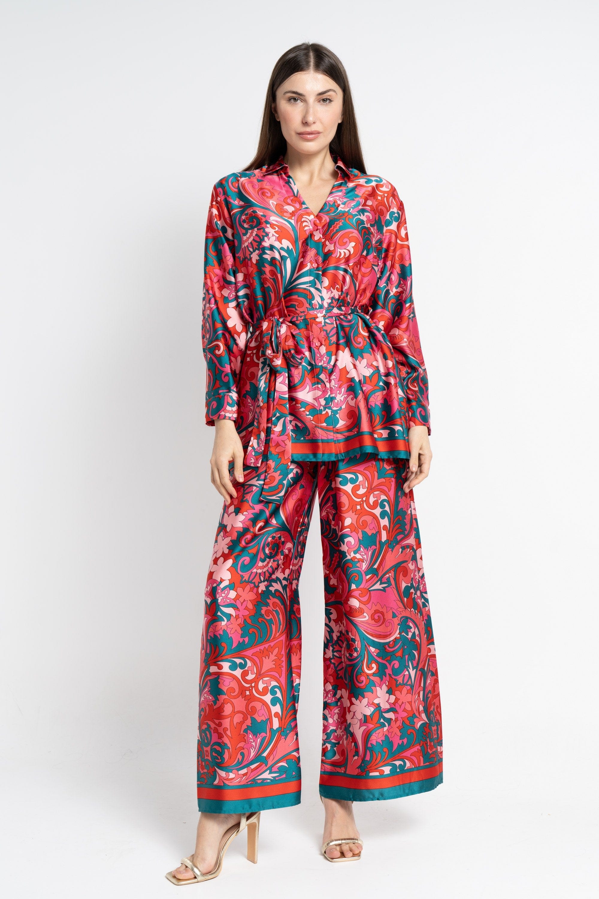 نتشي بنطلون طويل منقوش خصر مطاطي نسائي أزرق مخضر