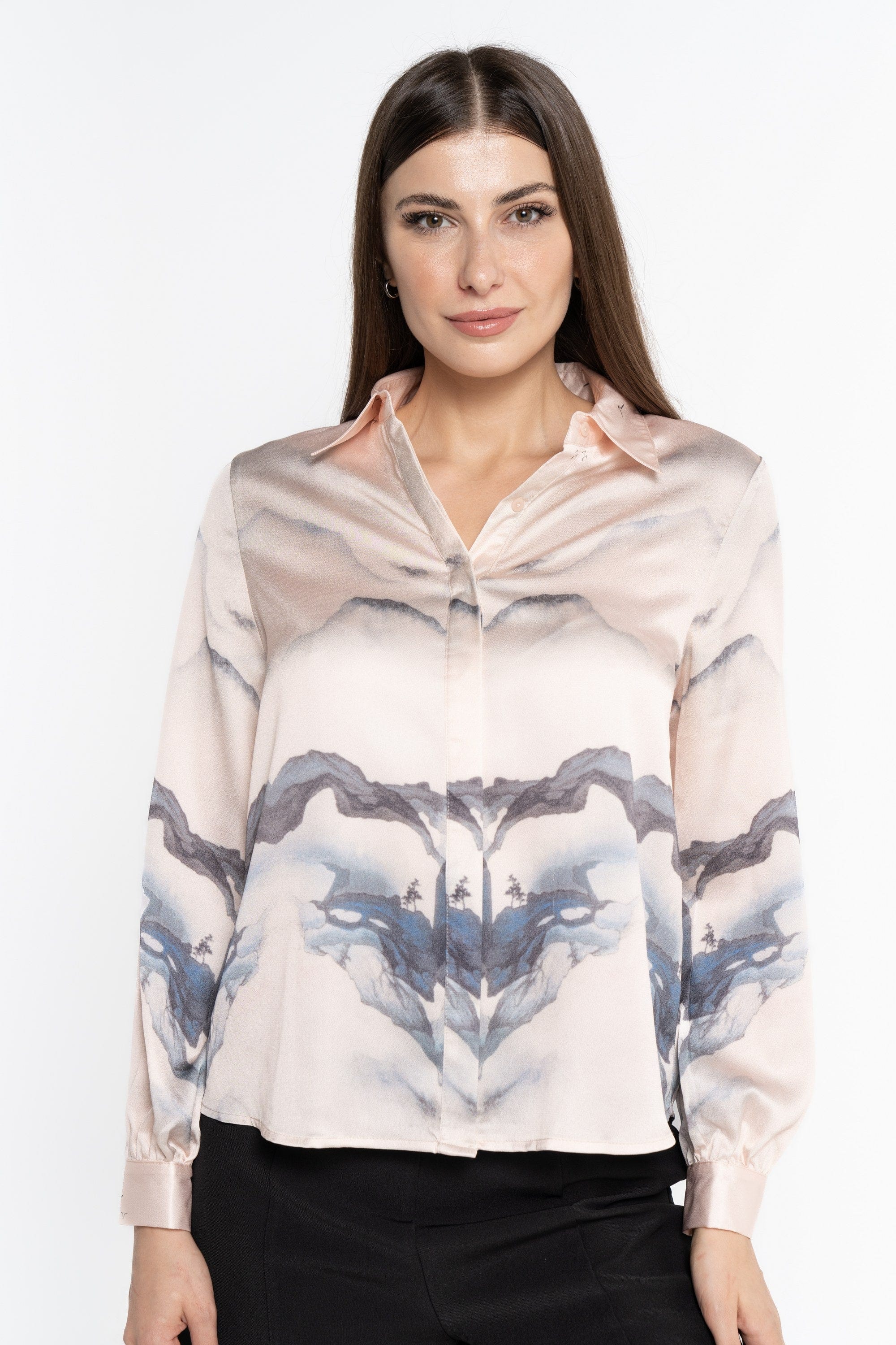 نتشي قميص بأكمام طويلة منقوش بالعرض بأزرار أمامية نسائي بيج