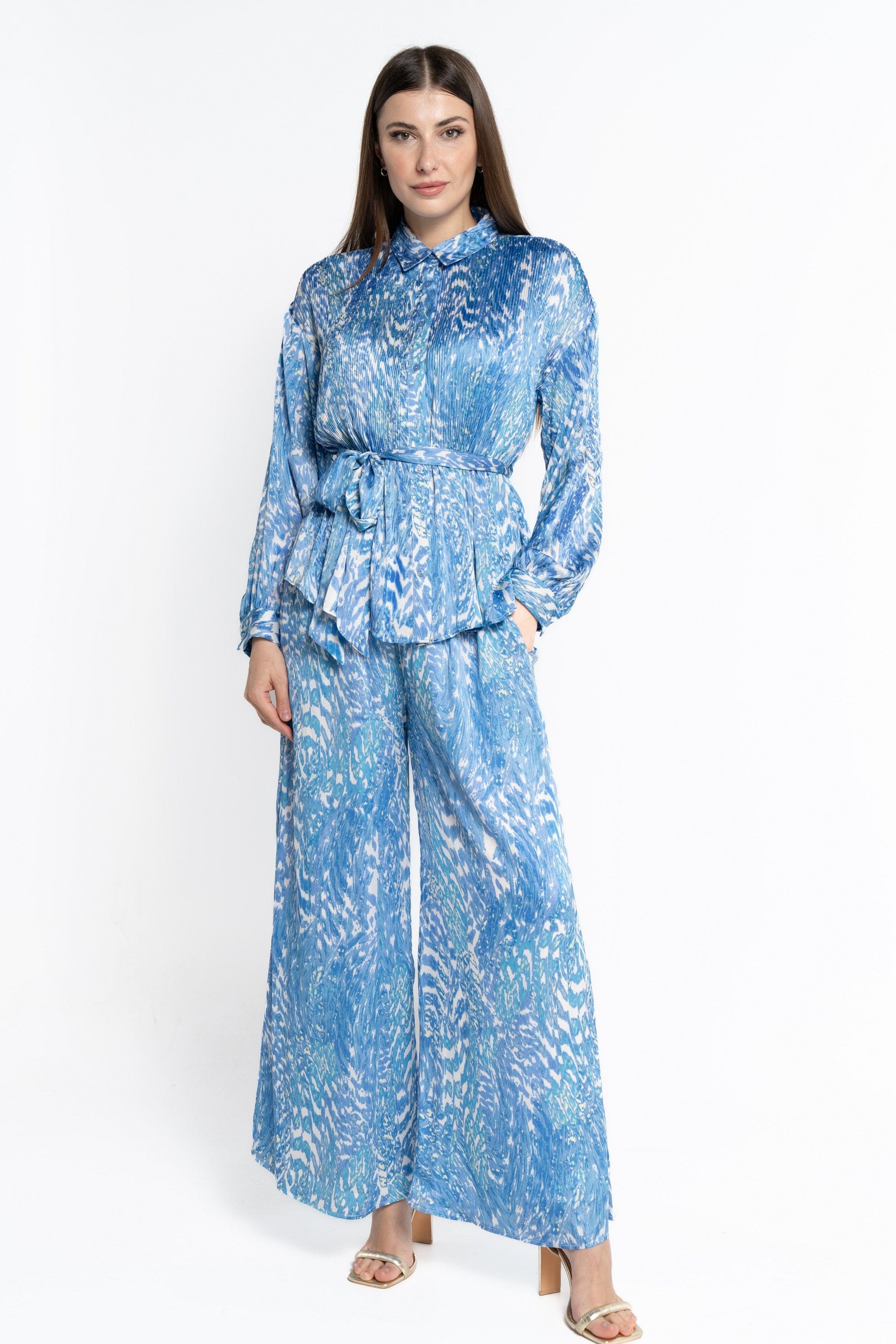 نتشي بنطلون طويل سادة بنقشة ملونة نسائي أزرق