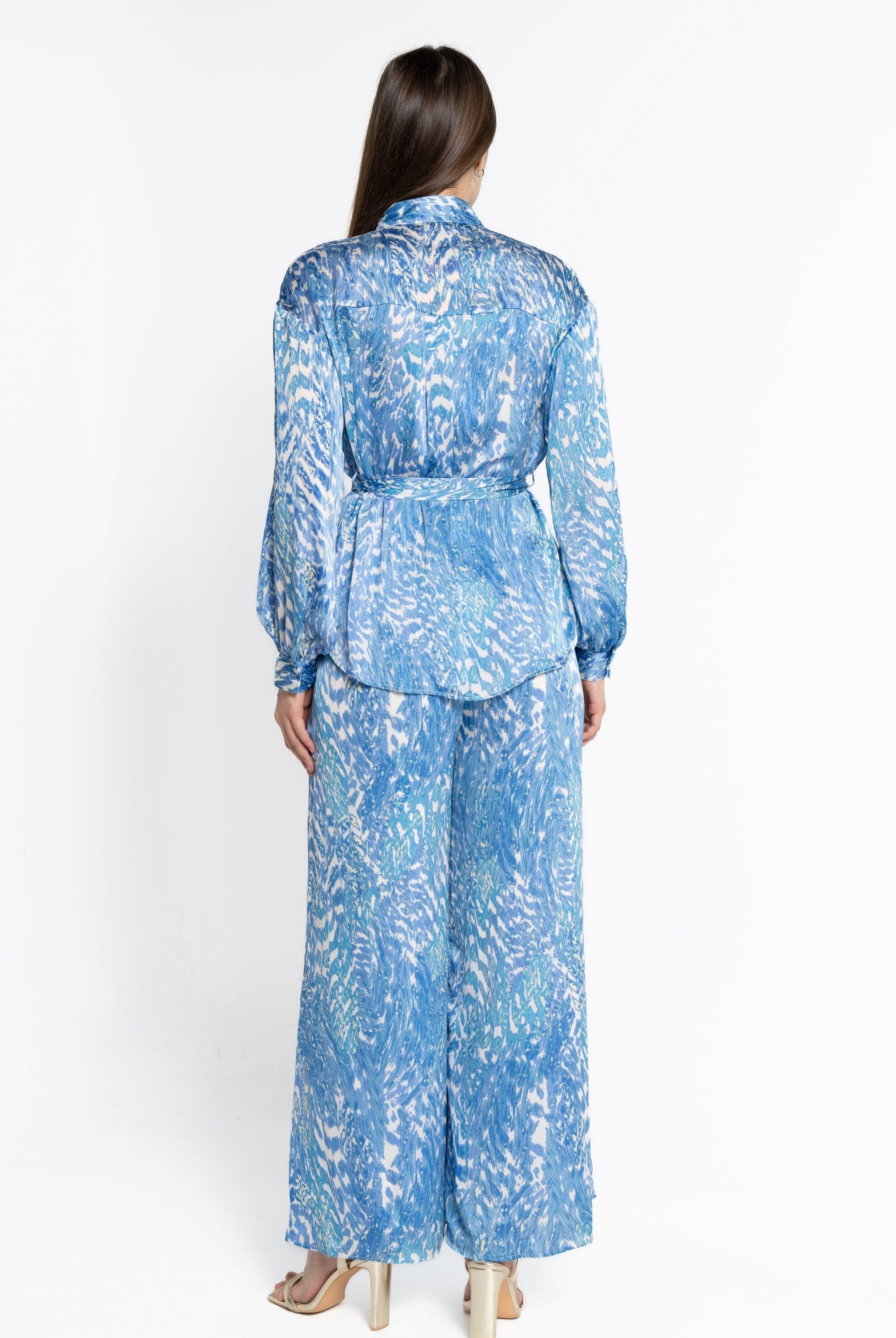 نتشي بنطلون طويل سادة بنقشة ملونة نسائي أزرق