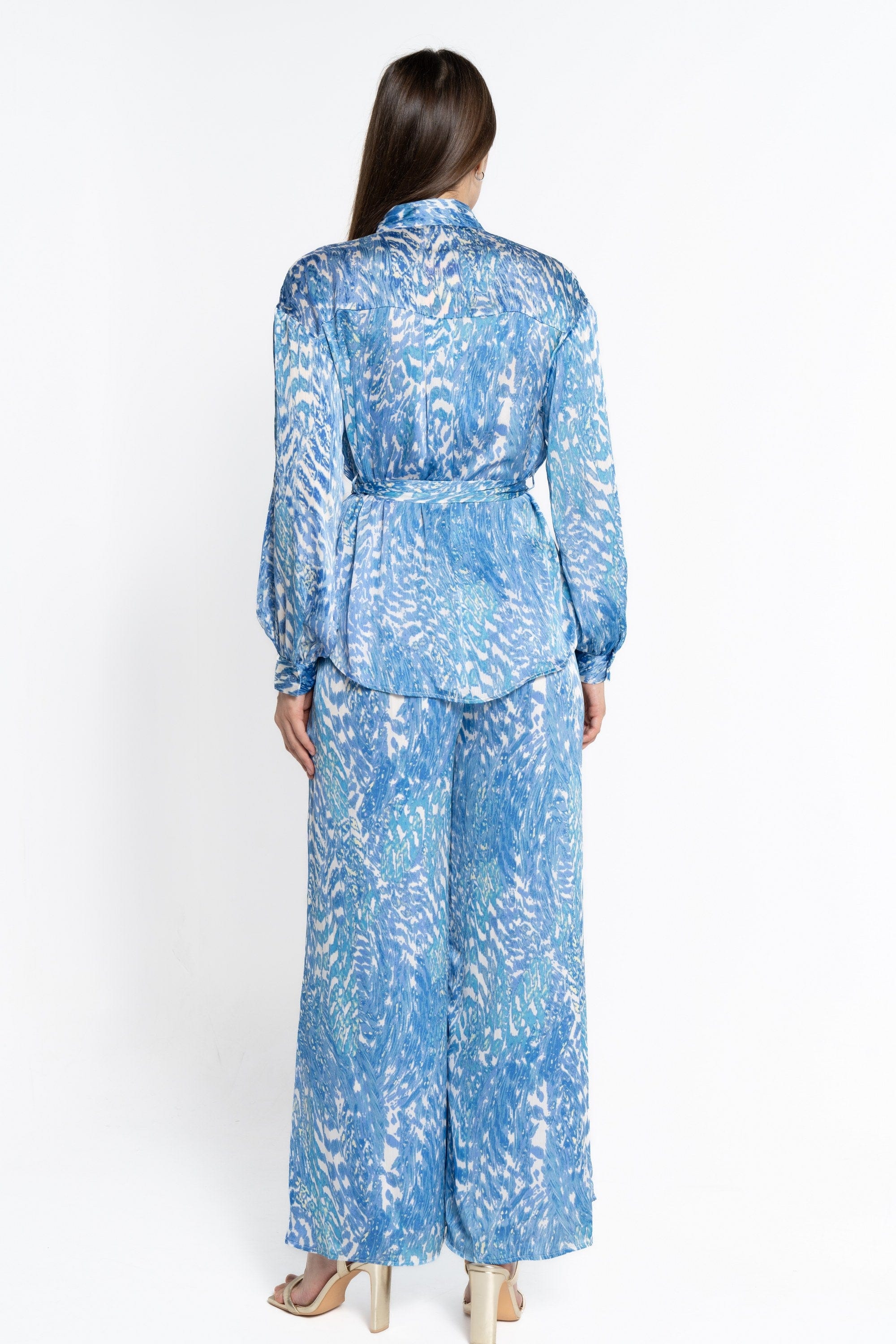 نتشي بنطلون طويل سادة بنقشة ملونة نسائي أزرق