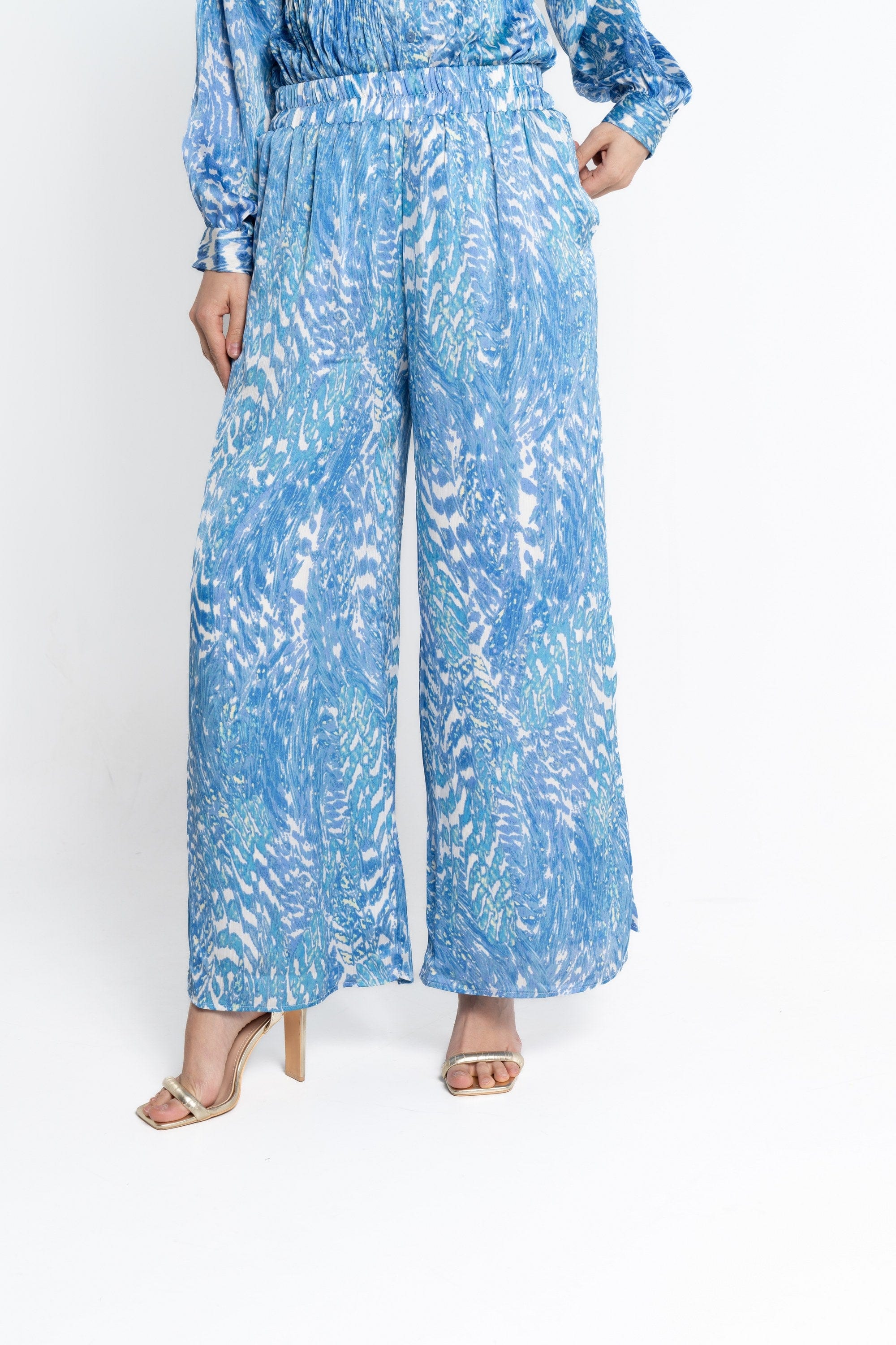 نتشي بنطلون طويل سادة بنقشة ملونة نسائي أزرق