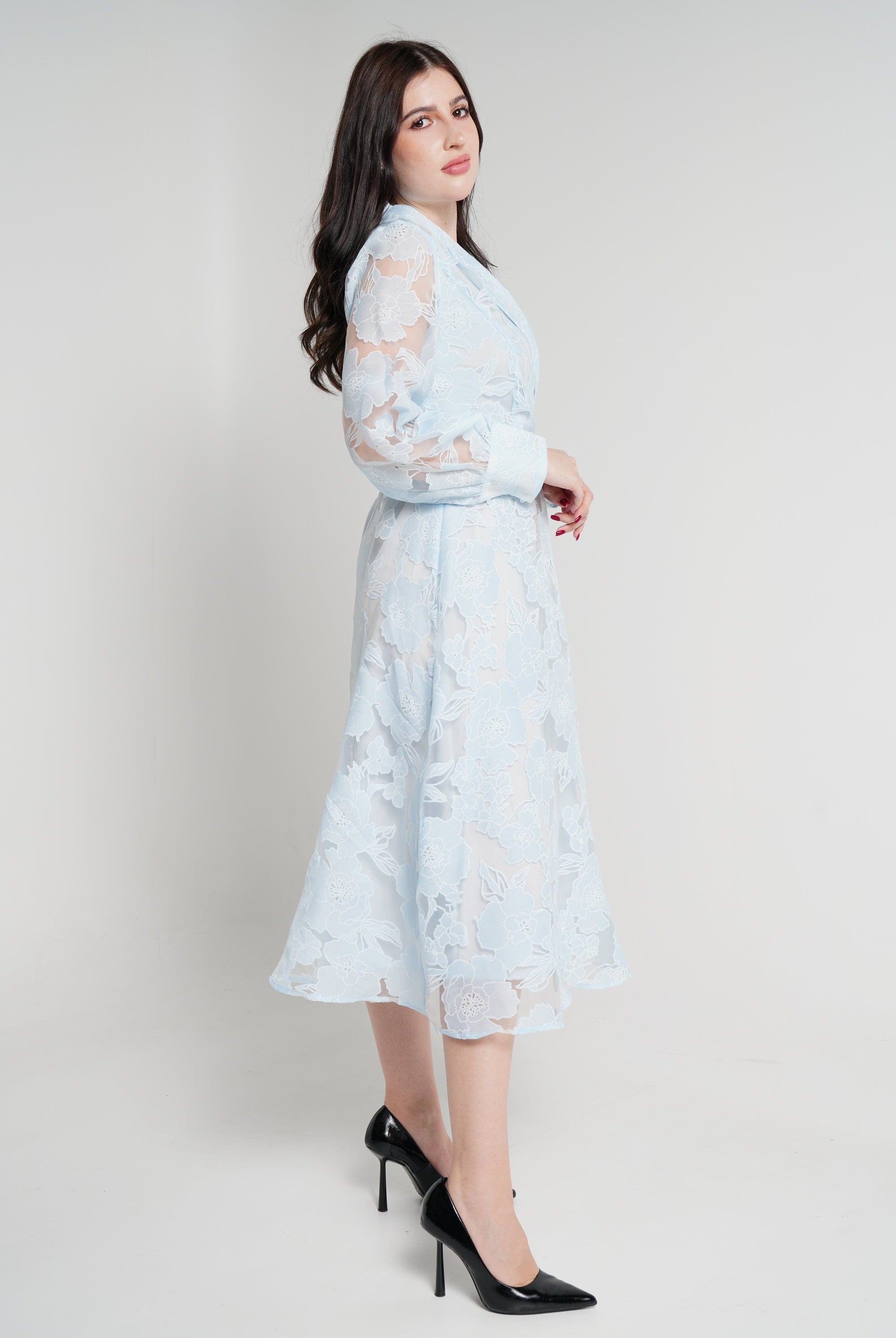 نتشي فستان ميدي كم طويل لف منفوش نسائي أزرق فاتح