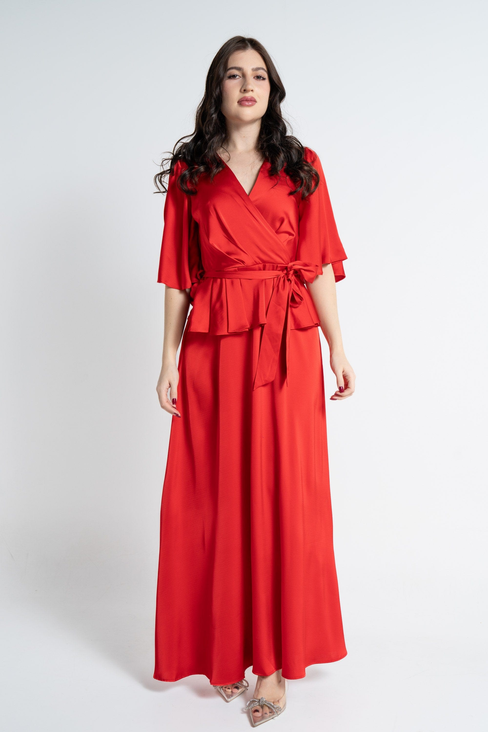 نتشي فستان ماكسي بأكمام قصيرة لف برباط خصر