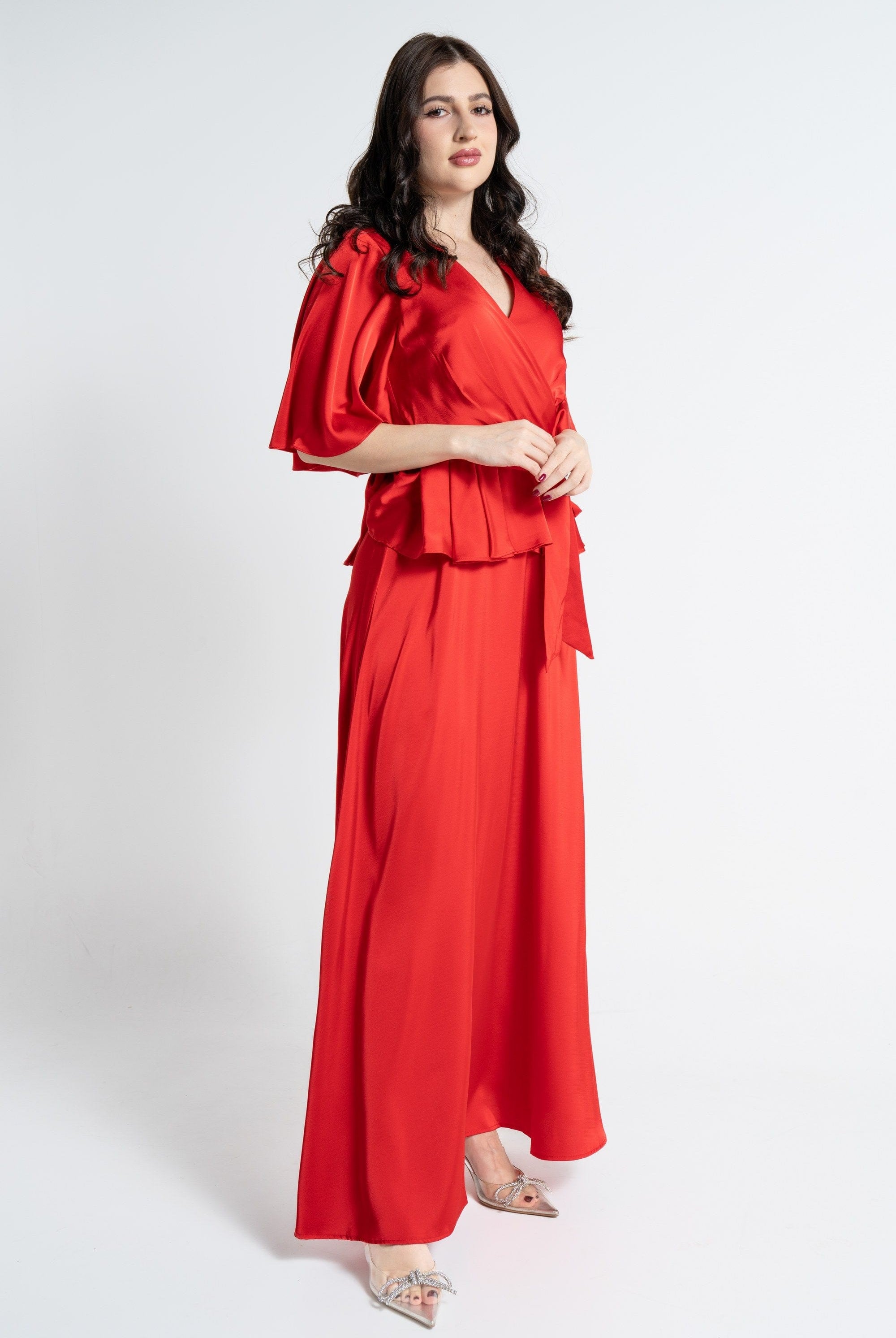 نتشي فستان ماكسي بأكمام قصيرة لف برباط خصر