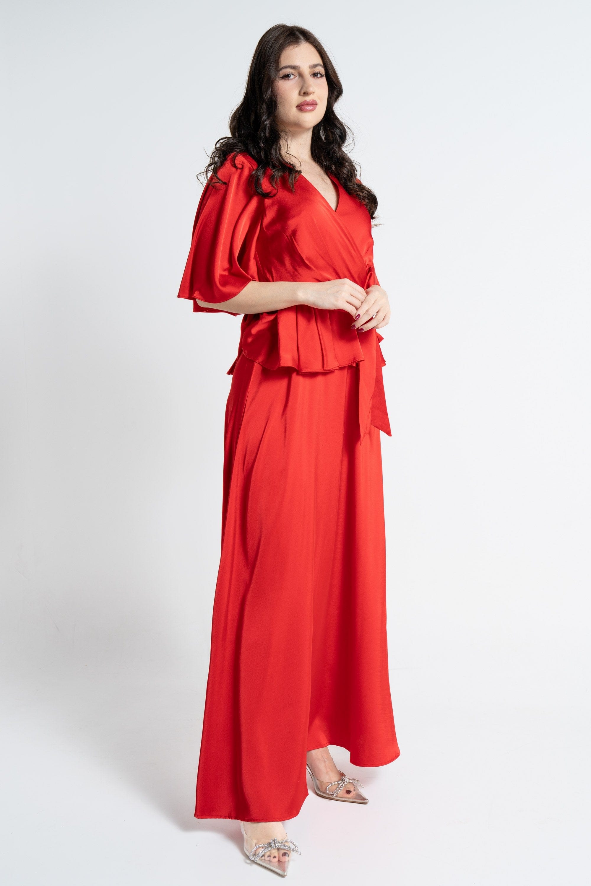 نتشي فستان ماكسي بأكمام قصيرة لف برباط خصر