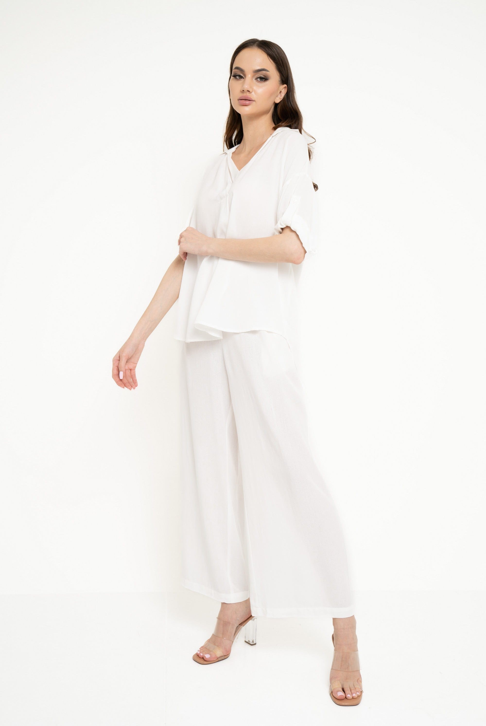 نتشي بلوزة سادة واسعة برقة V كم طويل نسائي