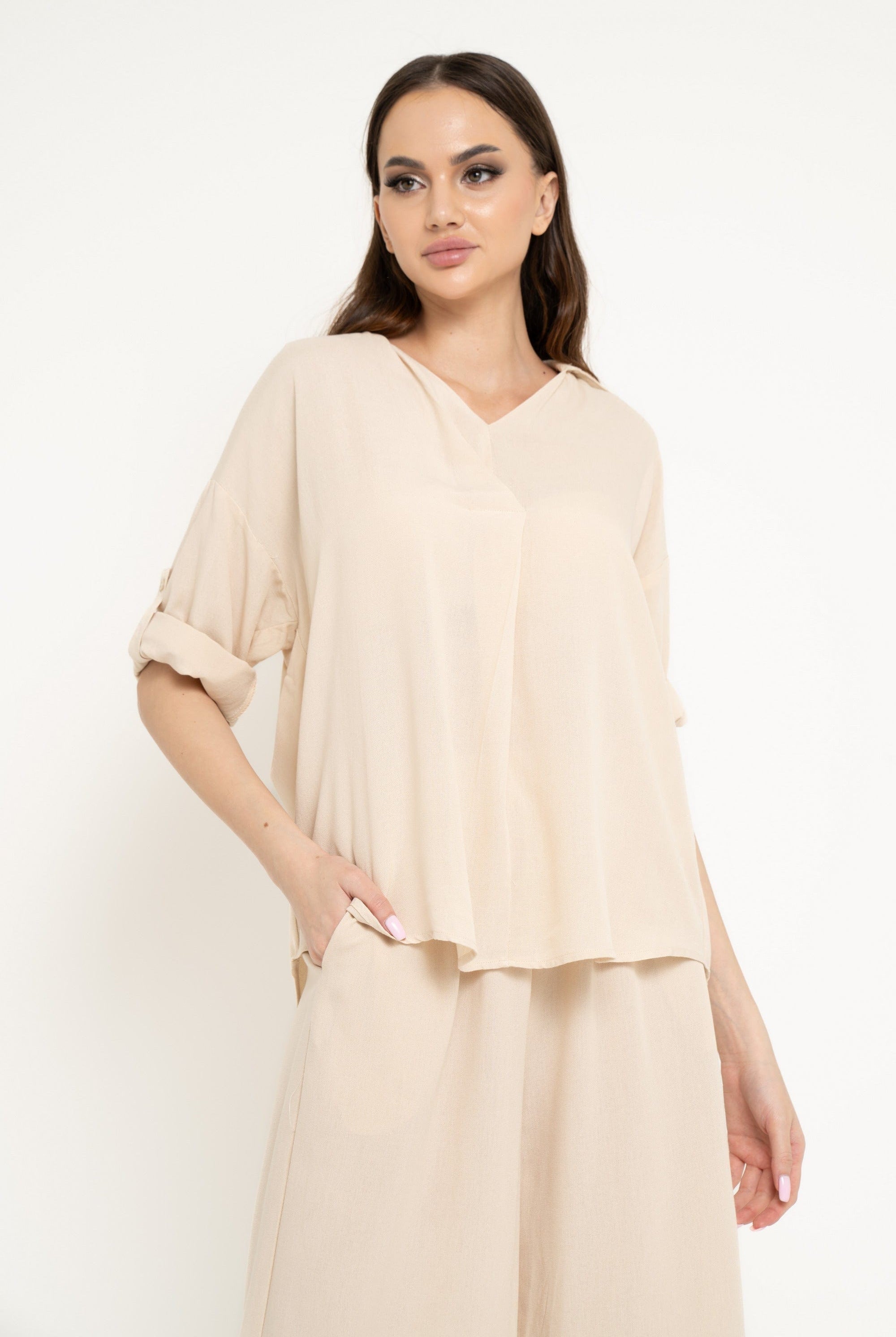 نتشي بلوزة سادة واسعة برقة V كم طويل نسائي