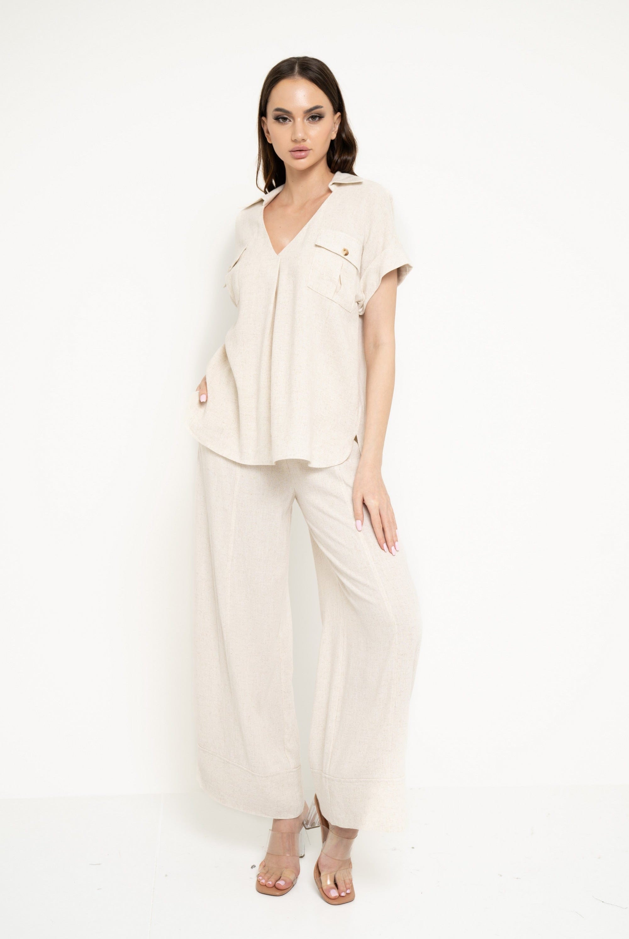 نتشي بنطلون طويل واسع من أسفل سادة نسائي