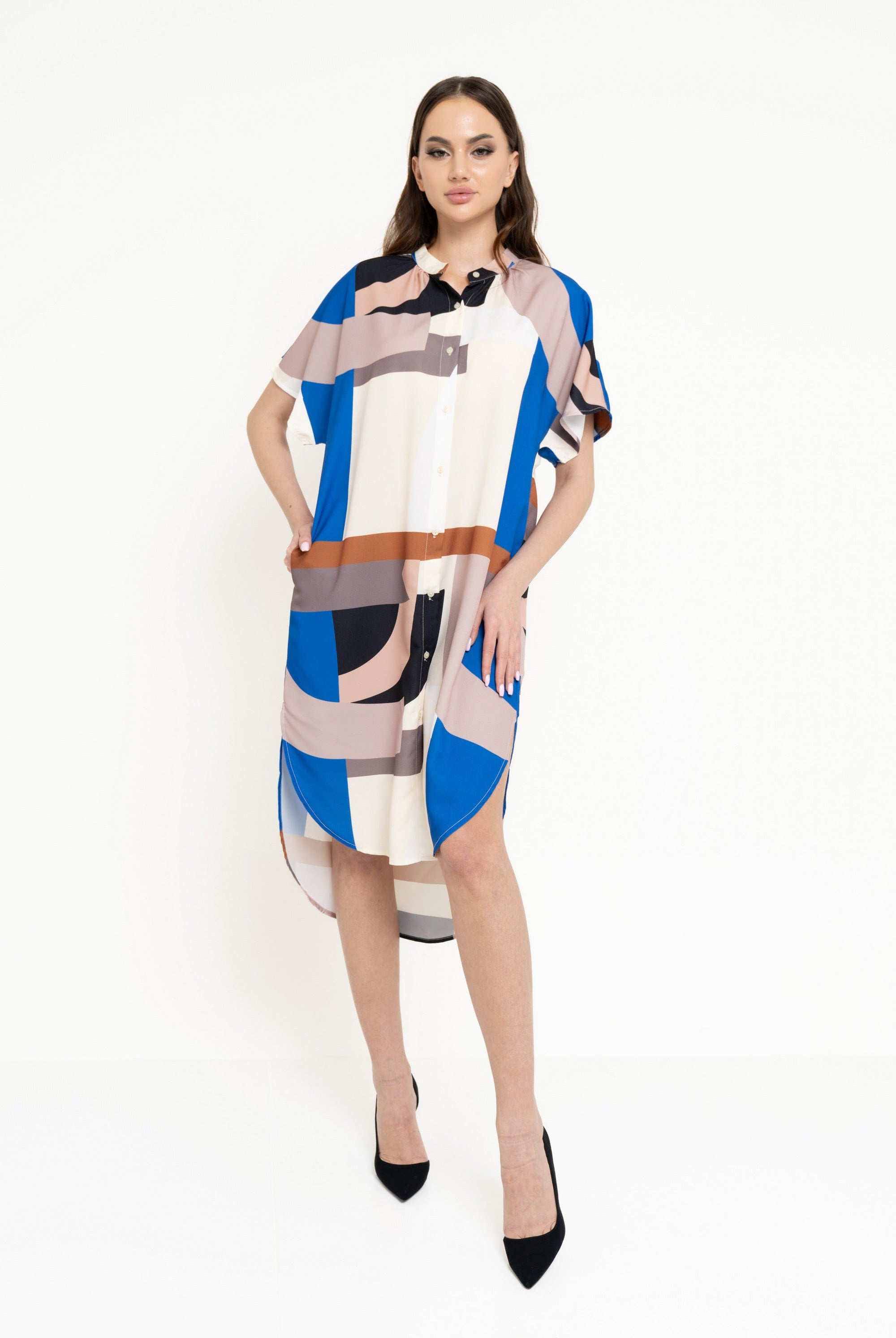 نتشي فستان بطول الركبة كم قصير نسائي