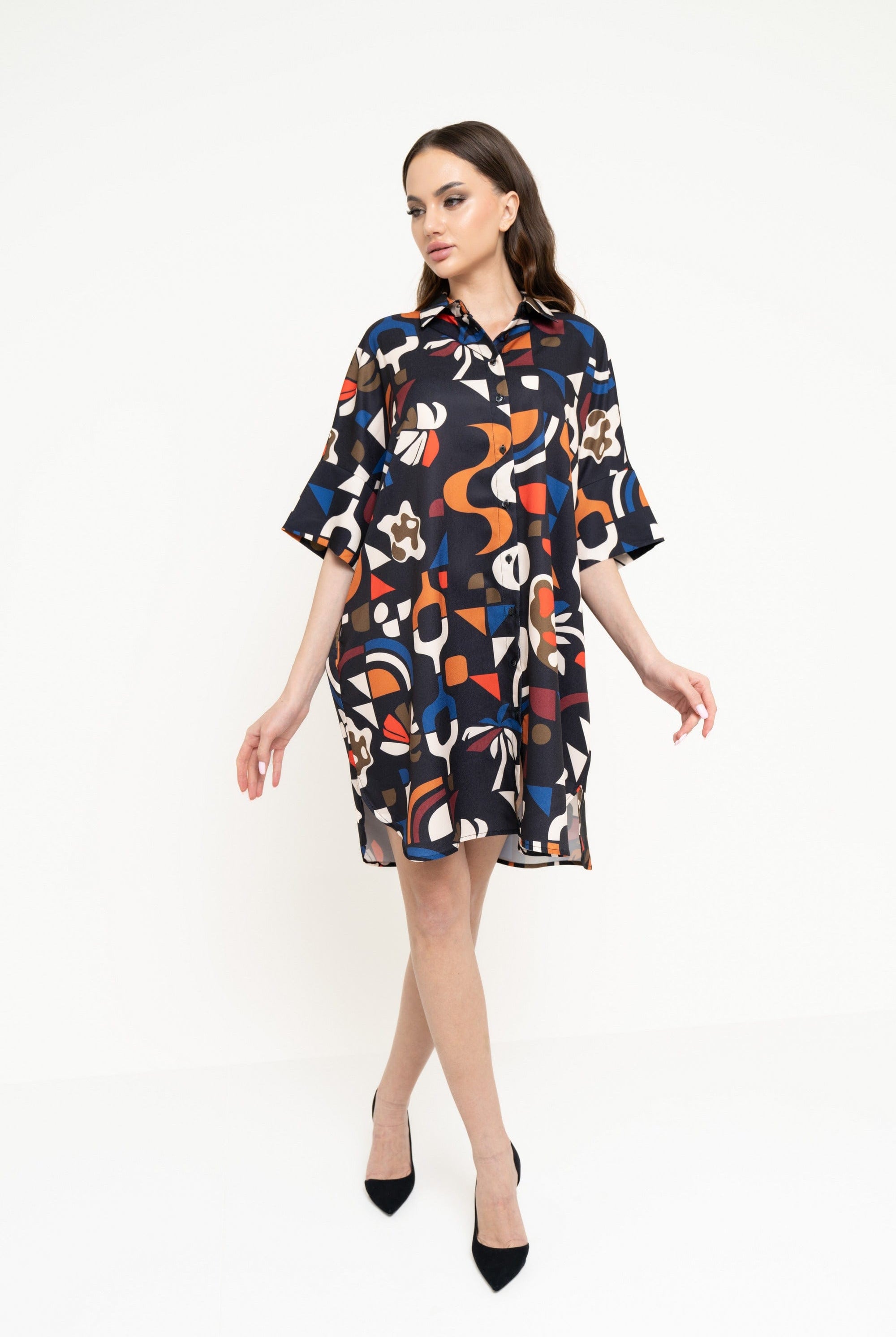 نتشي قميص طويل منقوش نص كم نسائي