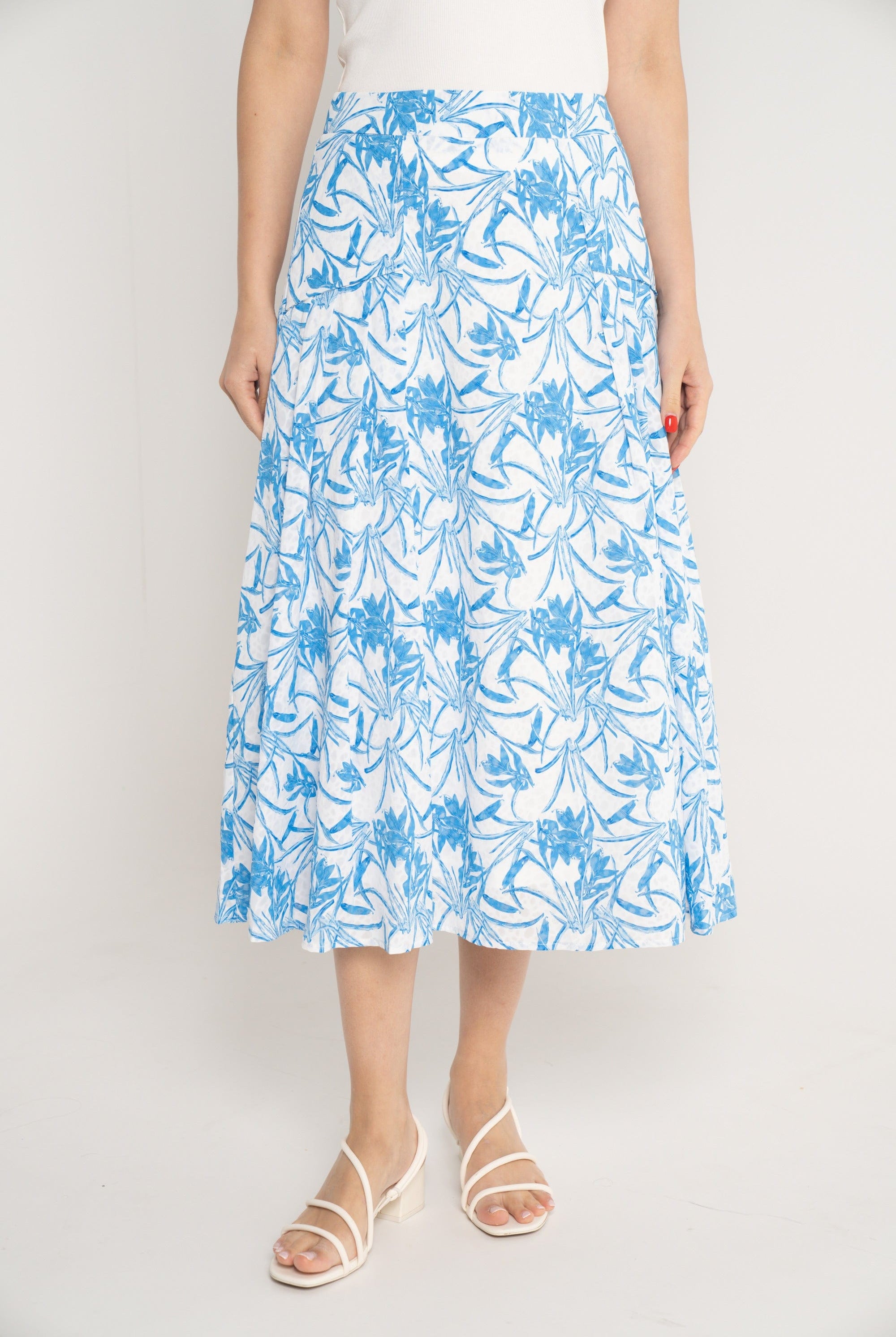 نتشي تنورة ميدي مشجرة بخصر مرتفع واسعة نسائي ازرق/زهري