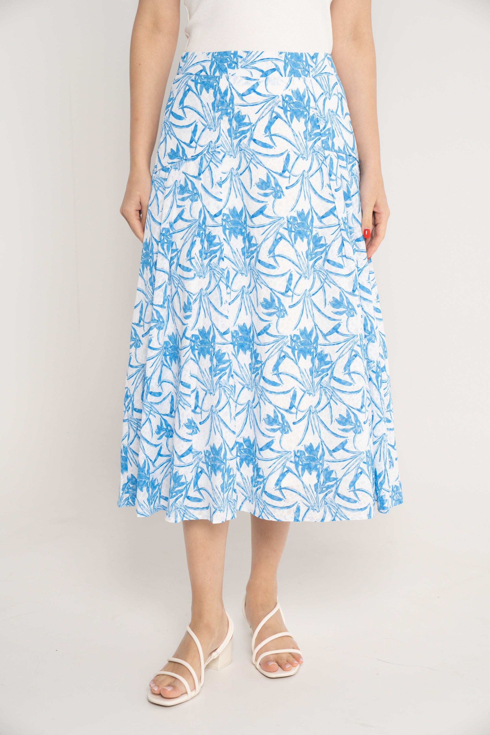 نتشي تنورة ميدي مشجرة بخصر مرتفع واسعة نسائي ازرق/زهري