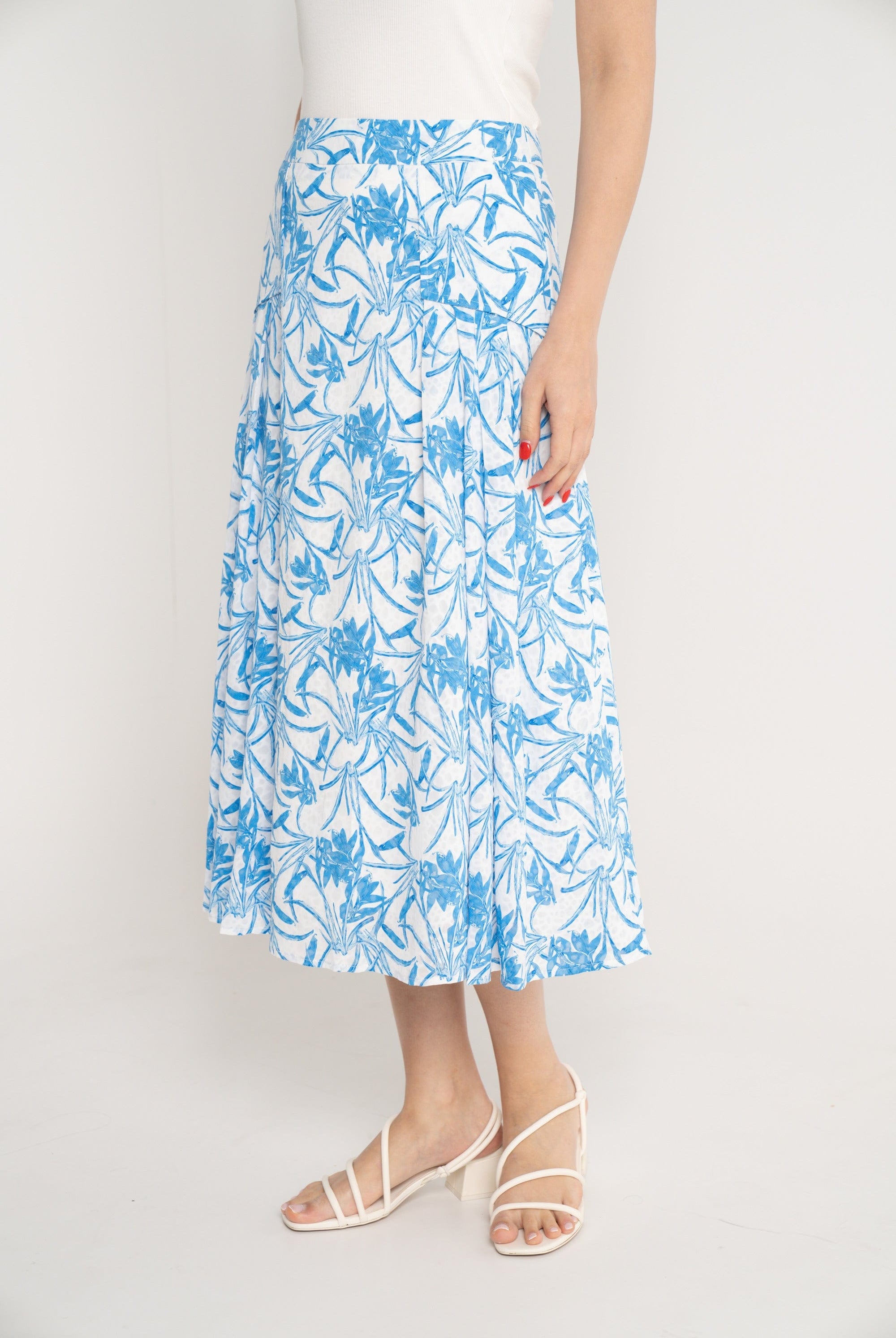 نتشي تنورة ميدي مشجرة بخصر مرتفع واسعة نسائي ازرق/زهري