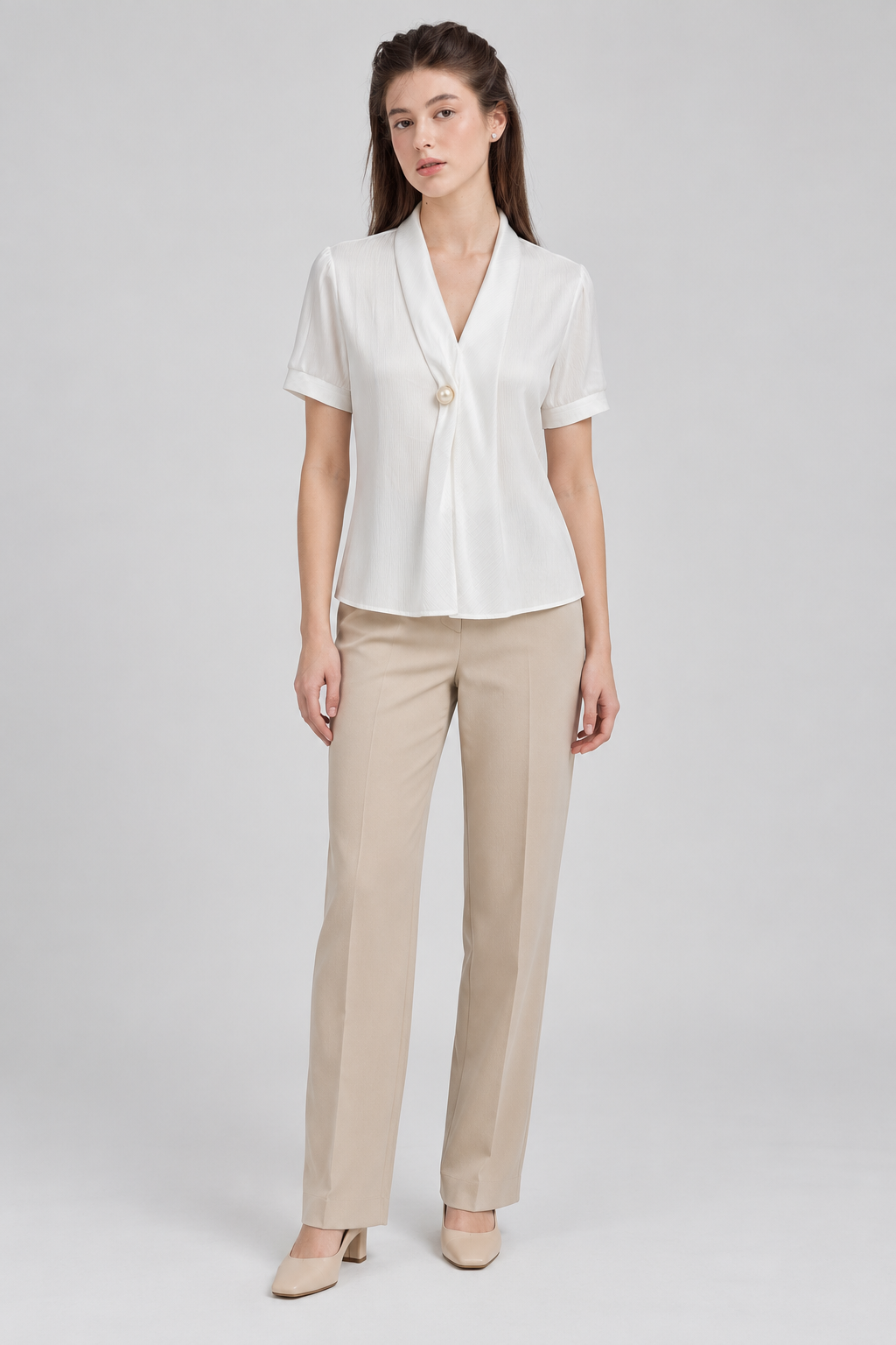 LIV0219 white wrap blouse on model, full front