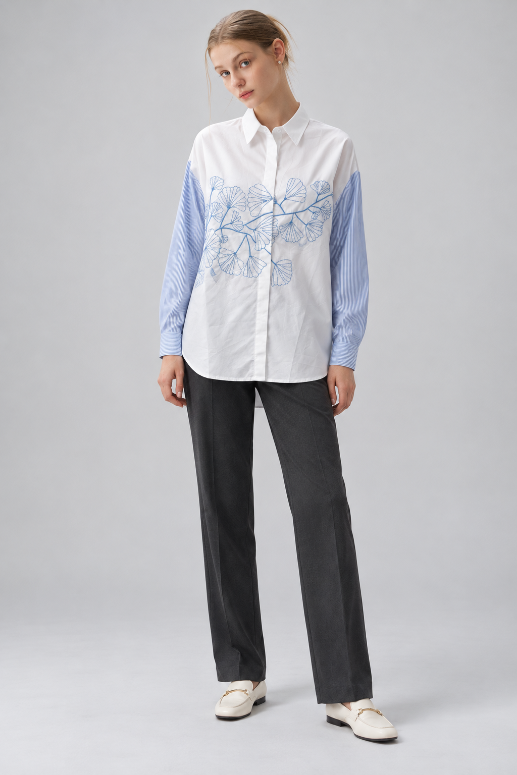 LIV0221AGI light blue embroidered shirt full front on model Temmy