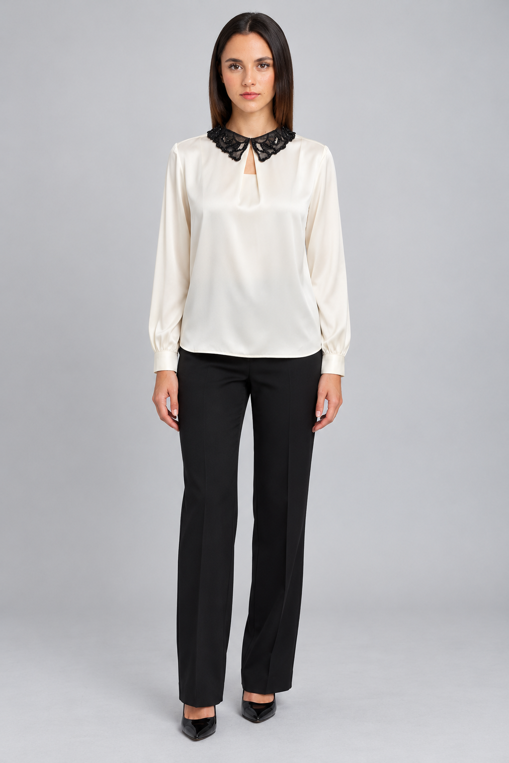 LIV0225AGI beige blouse full front on model Liza