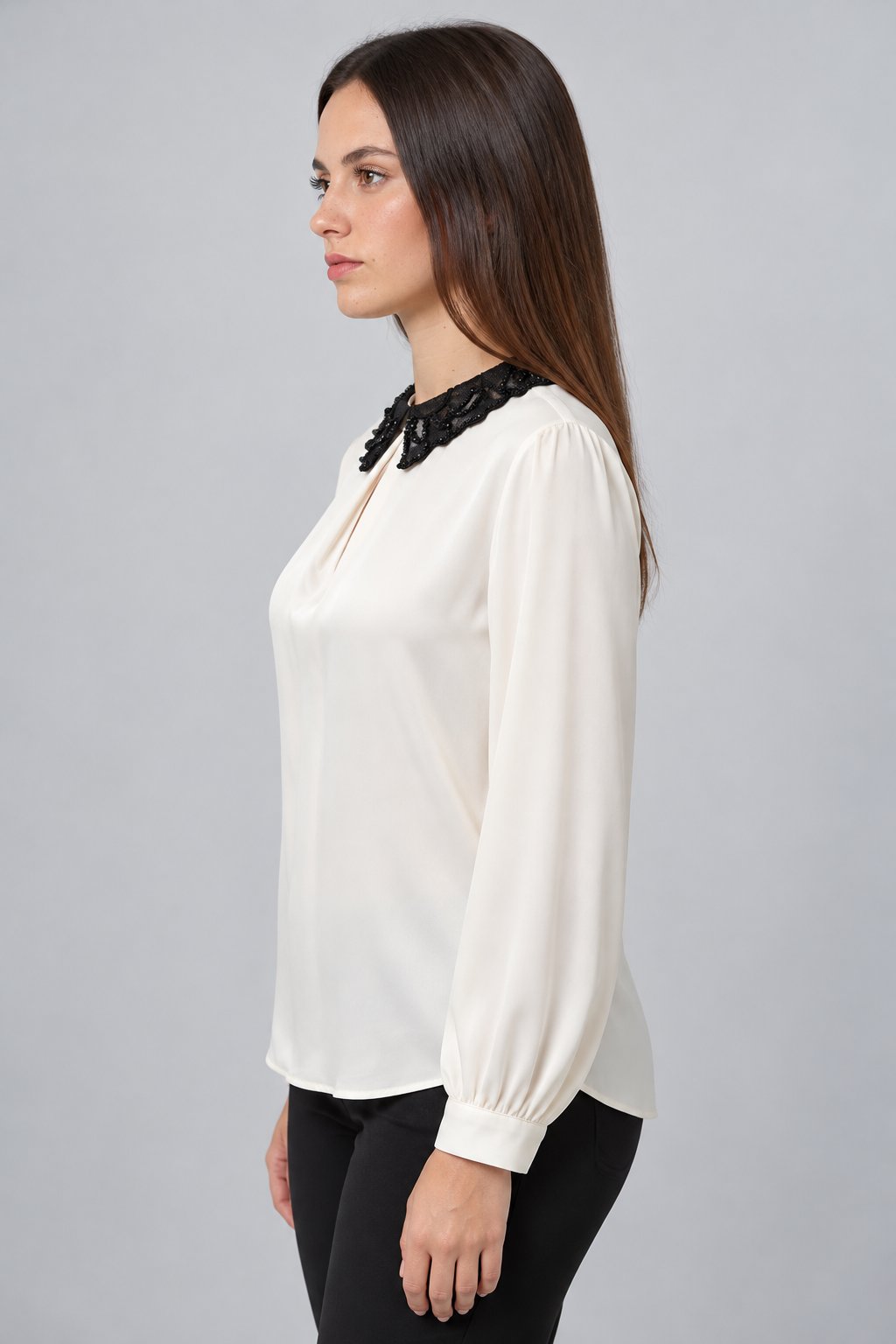 LIV0225AGI beige blouse side on model Liza