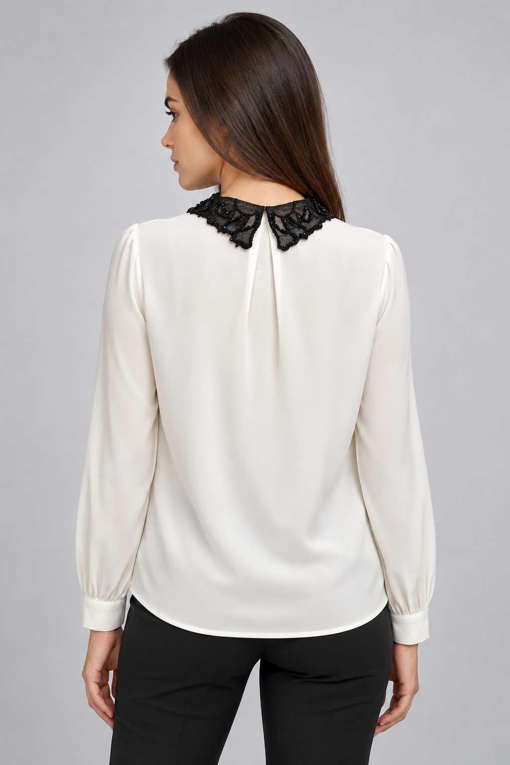 LIV0225AGI beige blouse back on model Liza