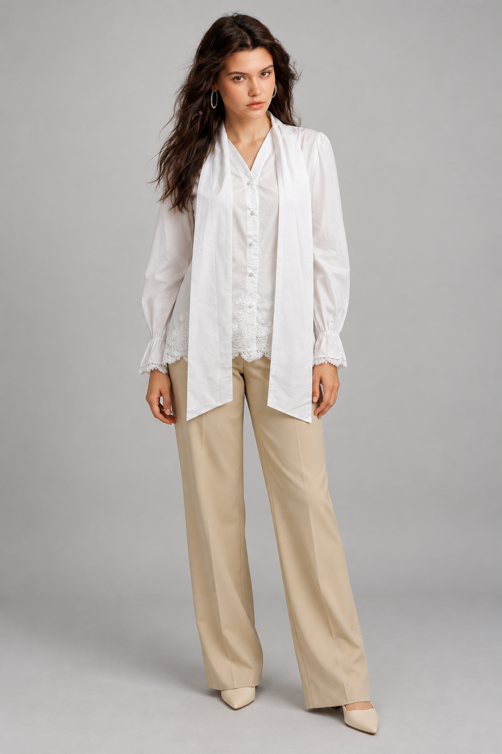 LIV0228AGI white blouse, full front on model Kamila