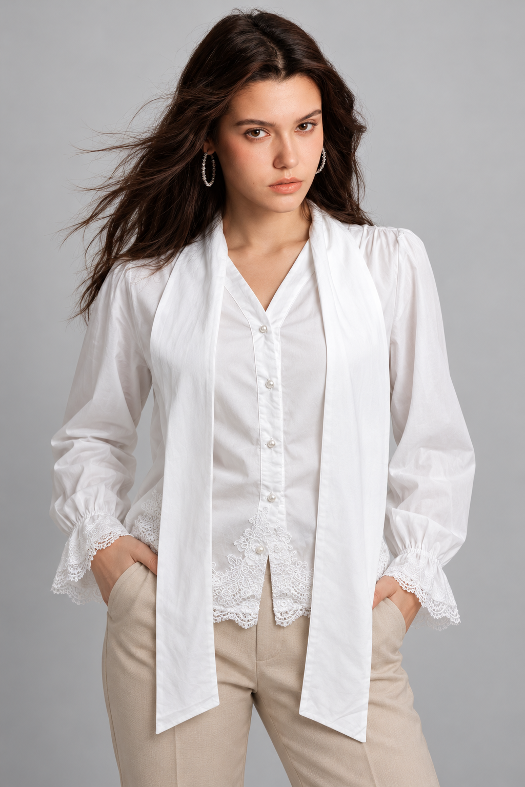 LIV0228AGI white blouse, garment detail on model Kamila