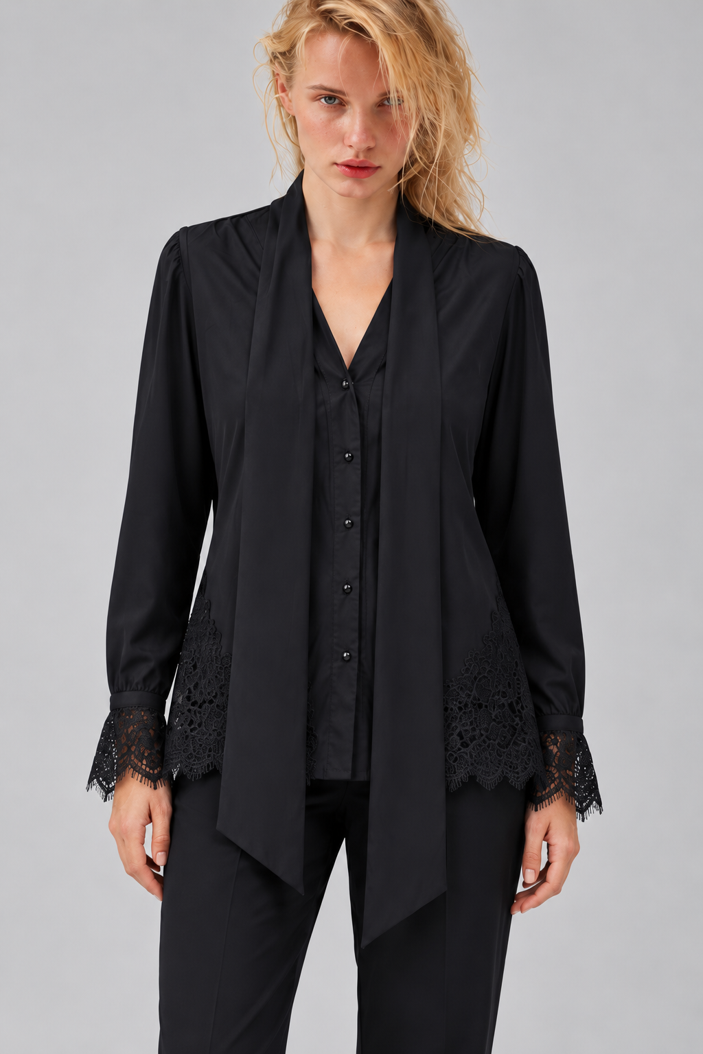 LIV0339 black shirt scarf panel and lace detail
