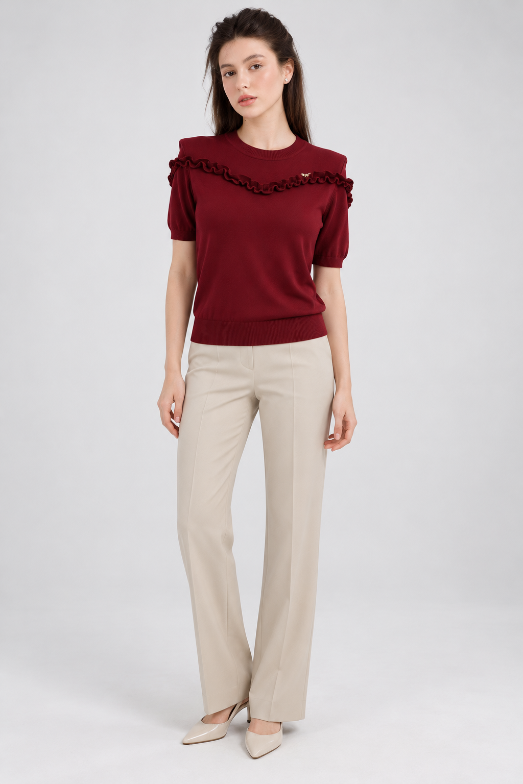 LIV0344AGI burgundy ruffle top full front on model Andrea
