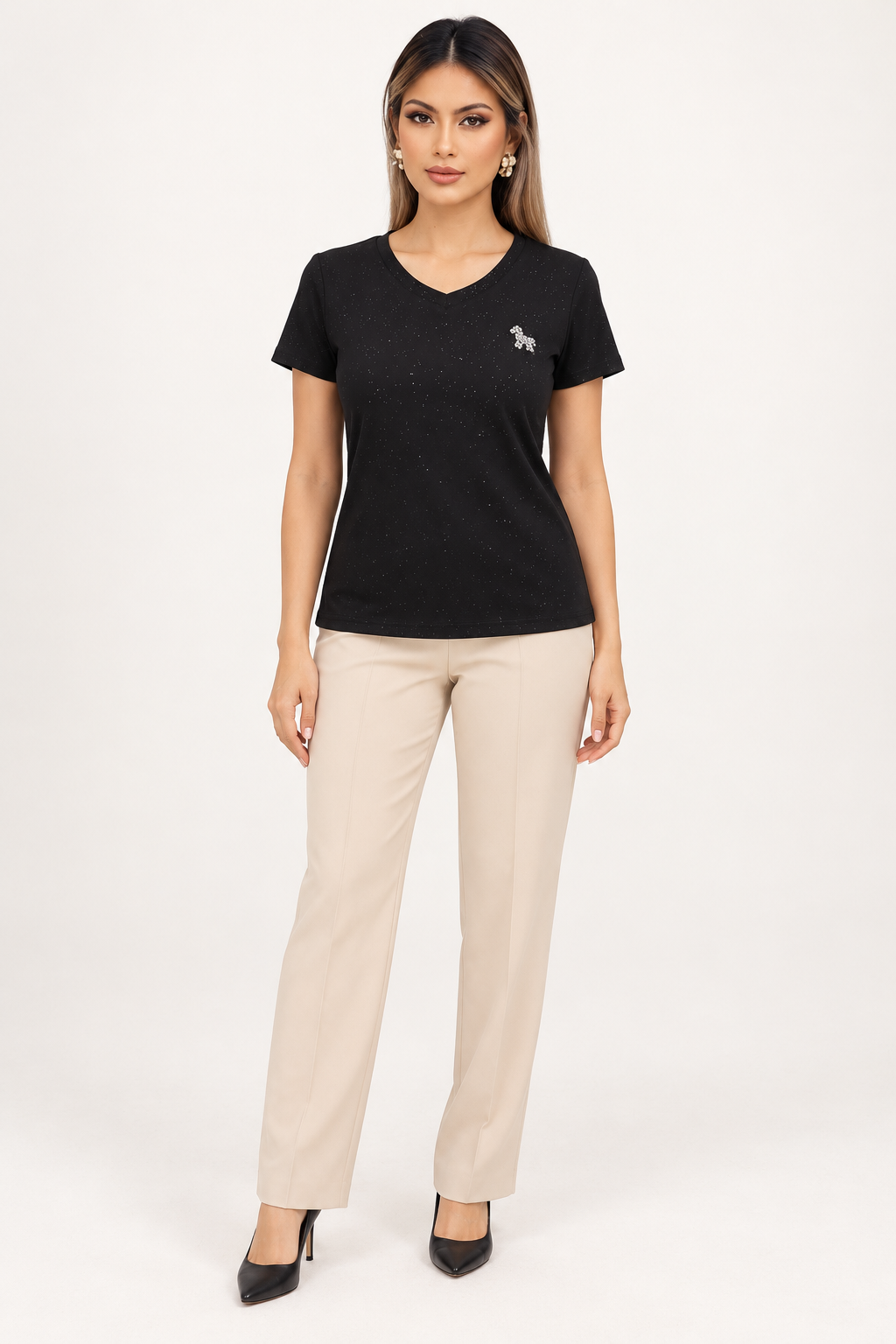 LIV0347AGI black embellished V-neck T-shirt on model, full front