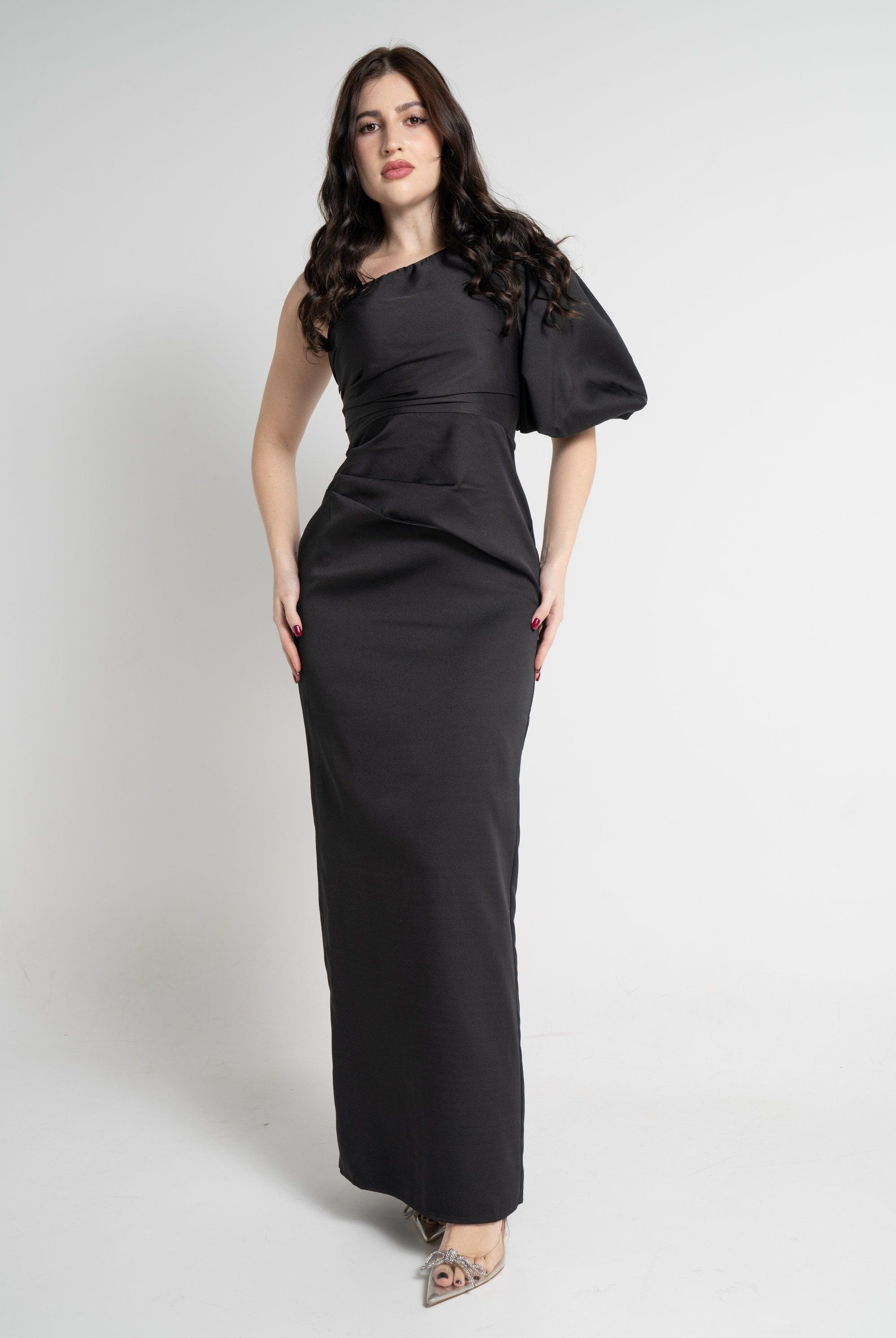 نتشي فستان ماكسي بأكمام قصيرة كتف وكتف نسائي أسود