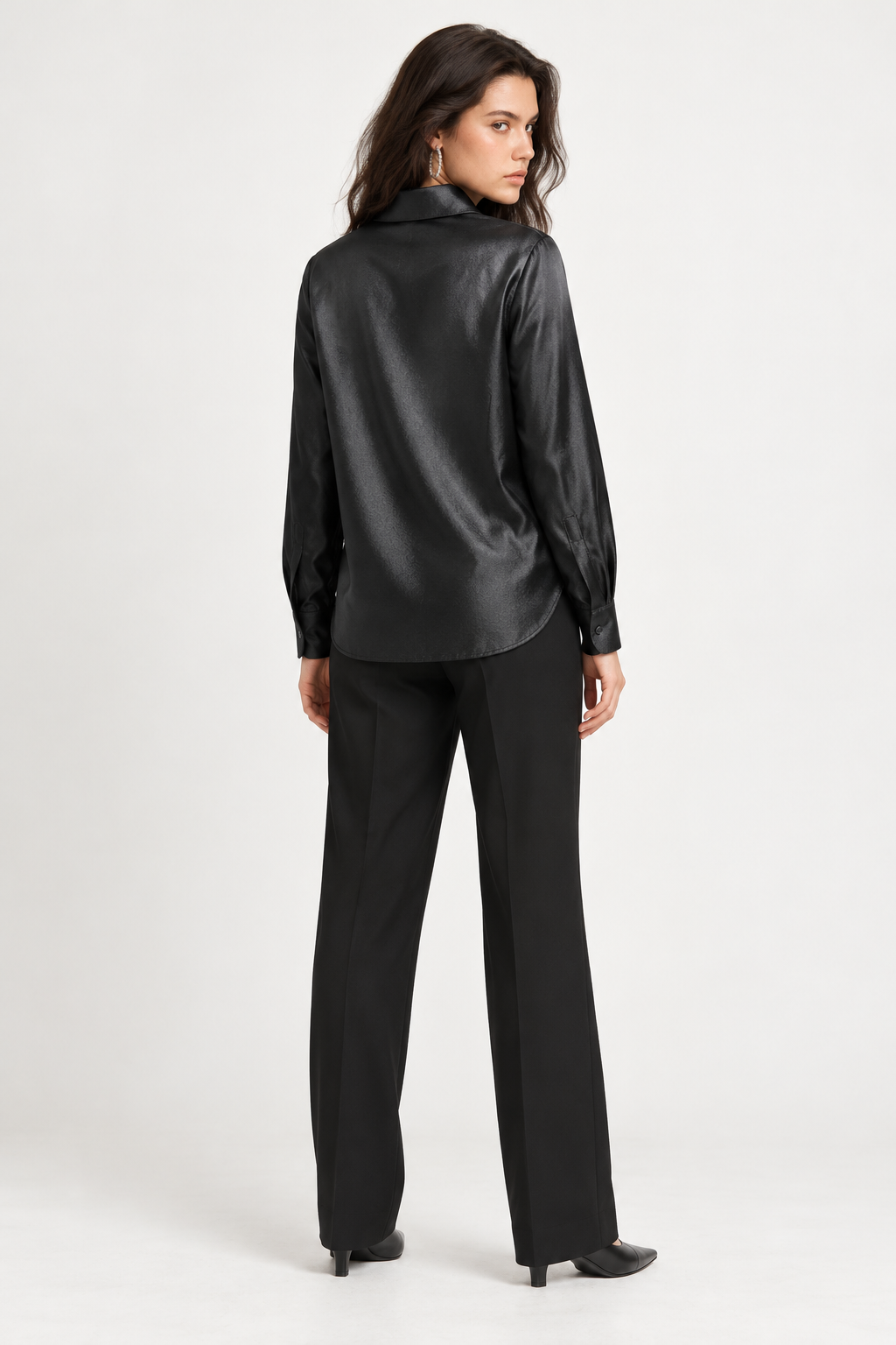 LV1012S263AN black satin blouse on model, back view