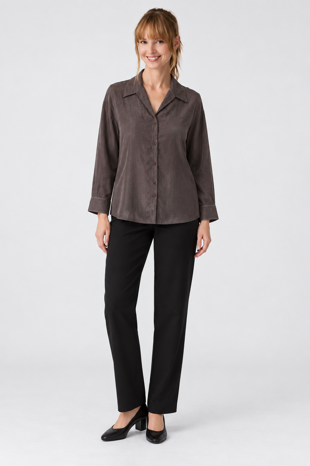 LV1110 brown shirt on model, full front
