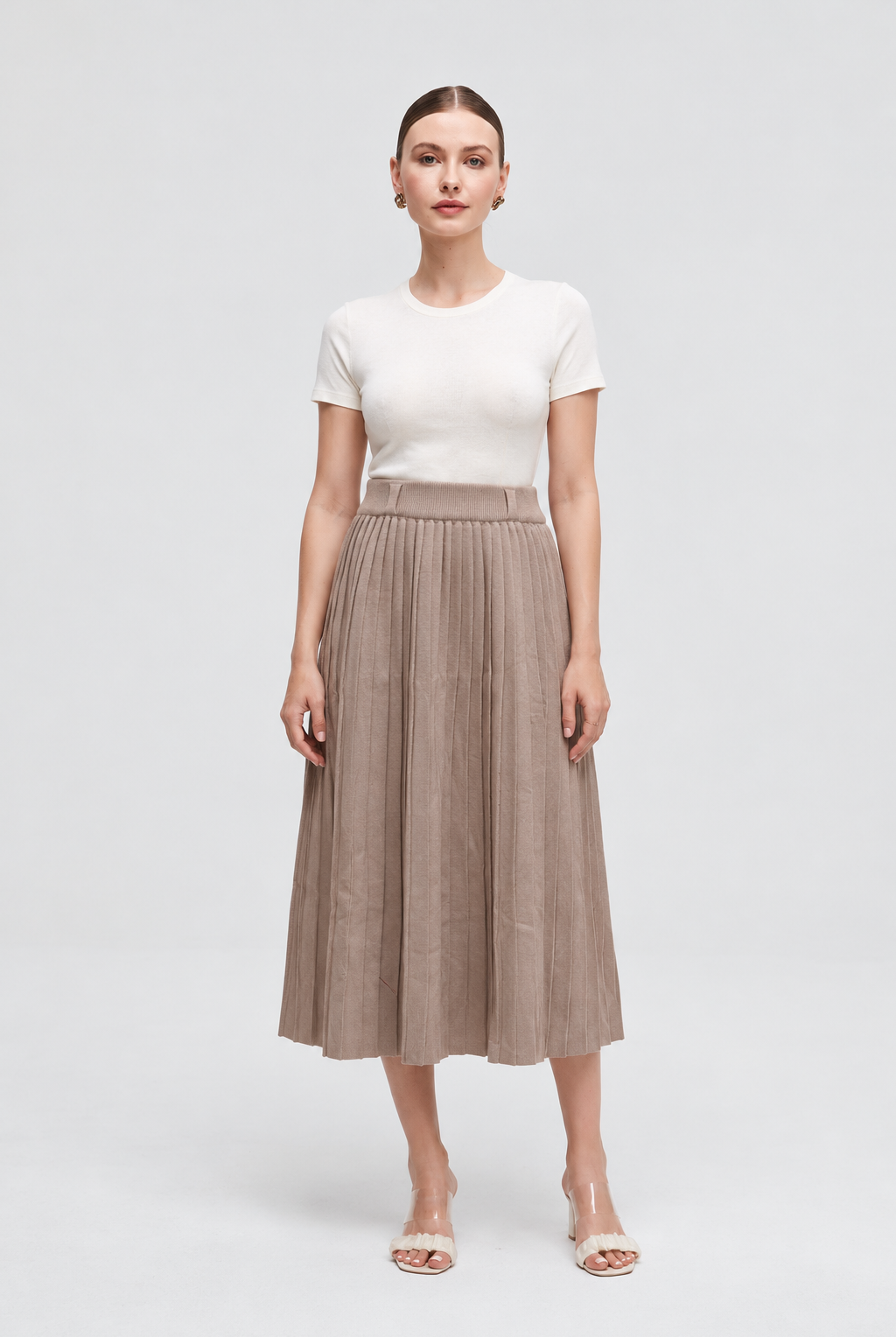 Beige midi skirt — full front