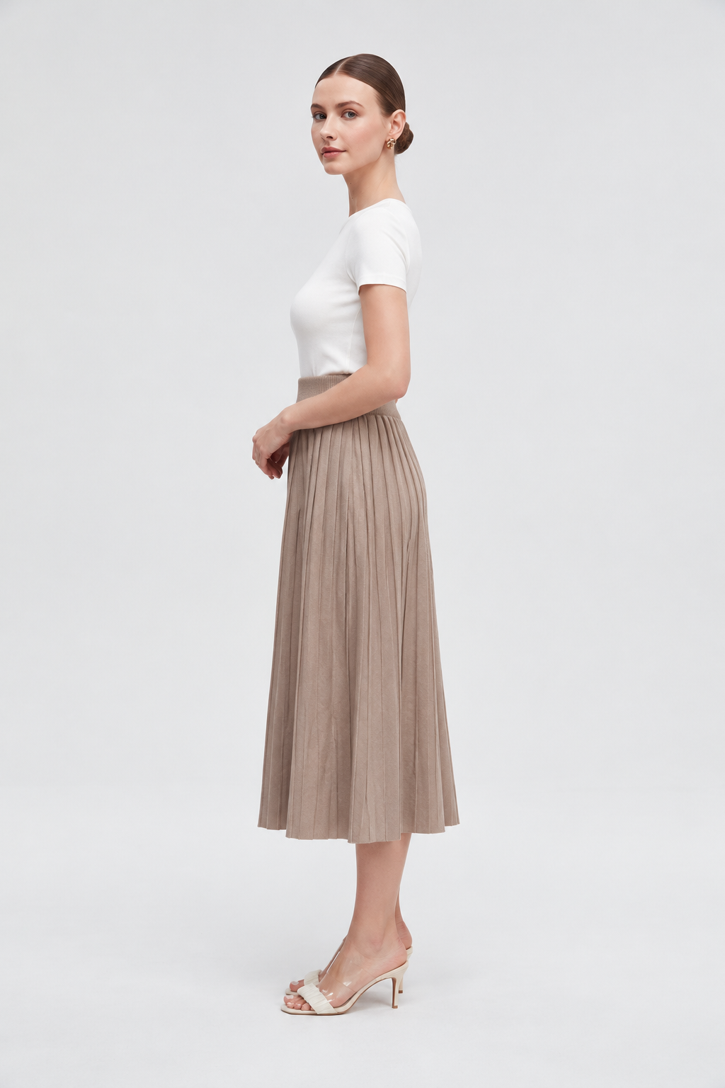 Beige midi skirt — side view